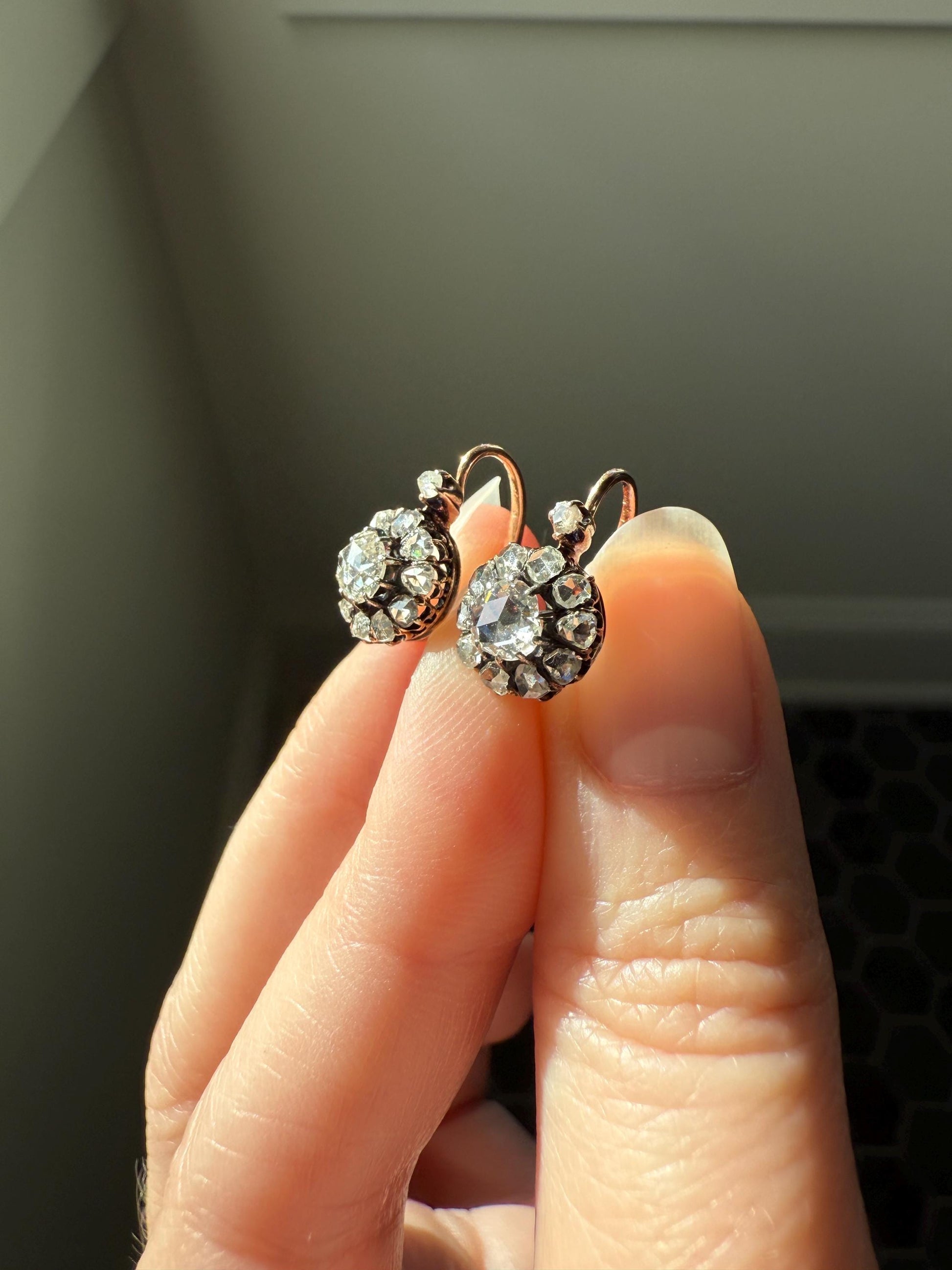 Victorian ANTIQUE Rose Cut Diamond Cluster Dormeuse Earrings French 18k Gold Solid 1.7 Carat Face Up Daisy Halo Dangle Belle Epoque