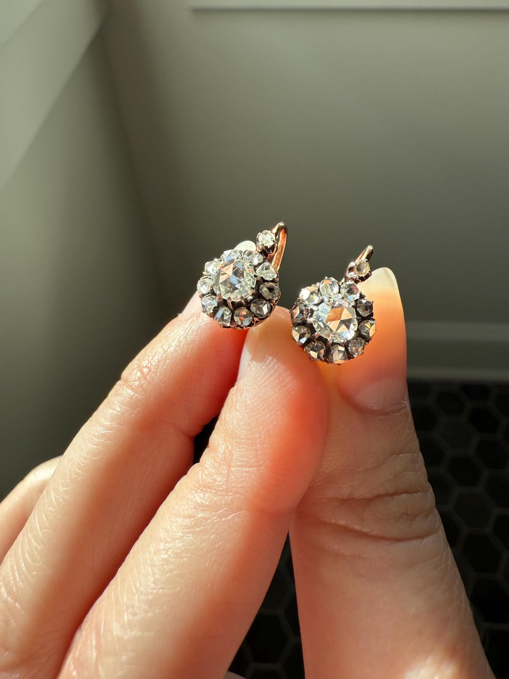 Victorian ANTIQUE Rose Cut Diamond Cluster Dormeuse Earrings French 18k Gold Solid 1.7 Carat Face Up Daisy Halo Dangle Belle Epoque