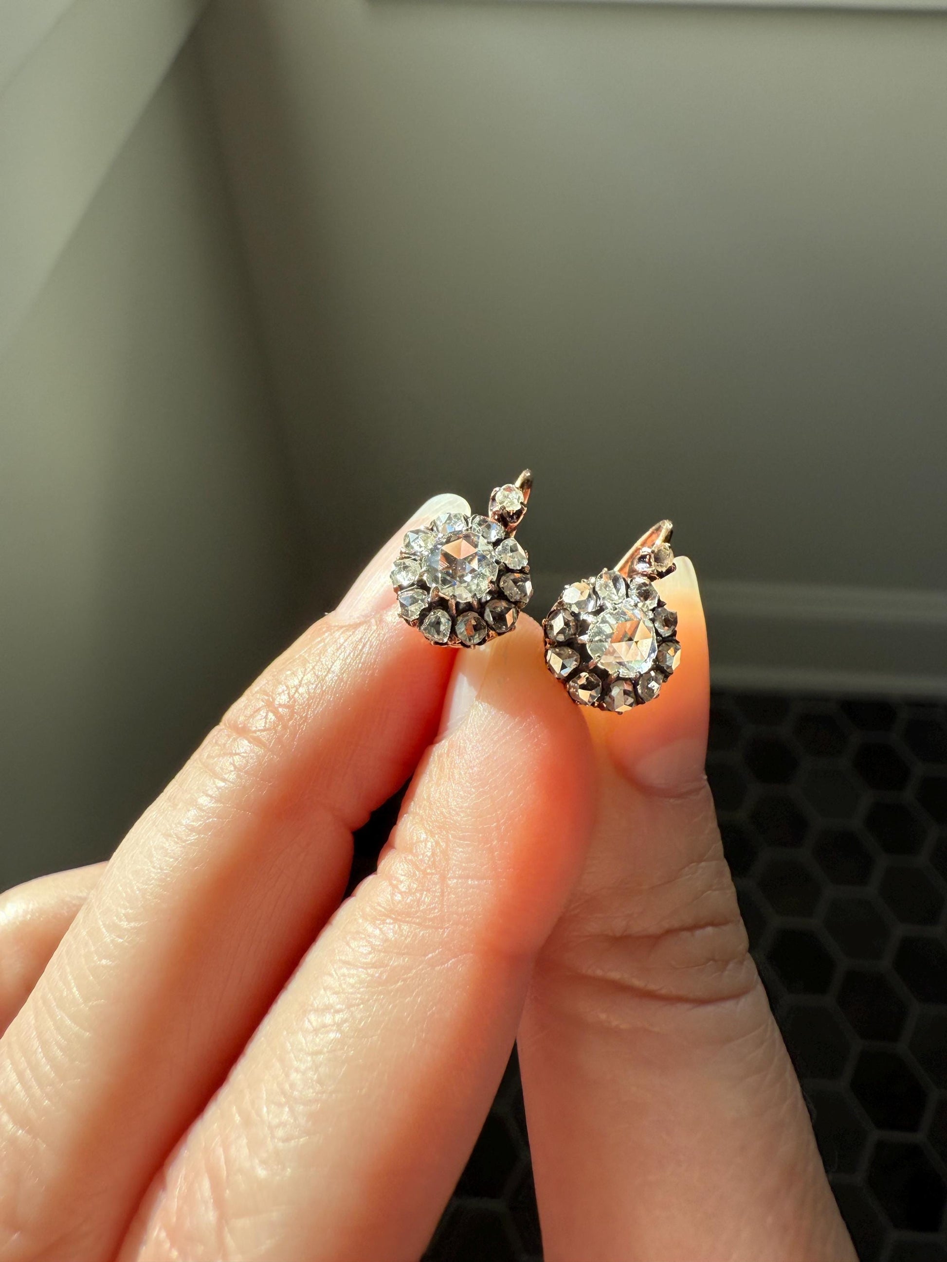 Victorian ANTIQUE Rose Cut Diamond Cluster Dormeuse Earrings French 18k Gold Solid 1.7 Carat Face Up Daisy Halo Dangle Belle Epoque