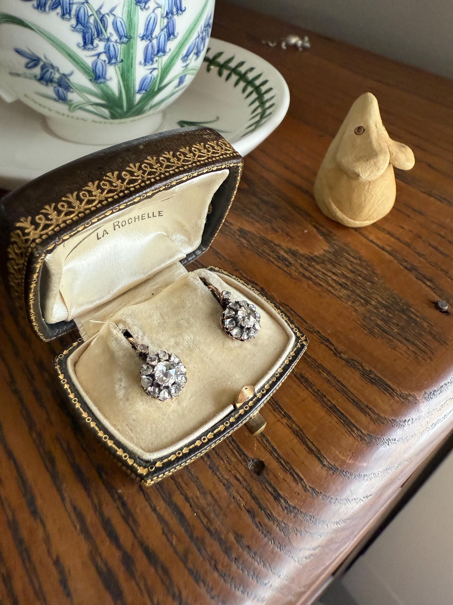 Victorian ANTIQUE Rose Cut Diamond Cluster Dormeuse Earrings French 18k Gold Solid 1.7 Carat Face Up Daisy Halo Dangle Belle Epoque