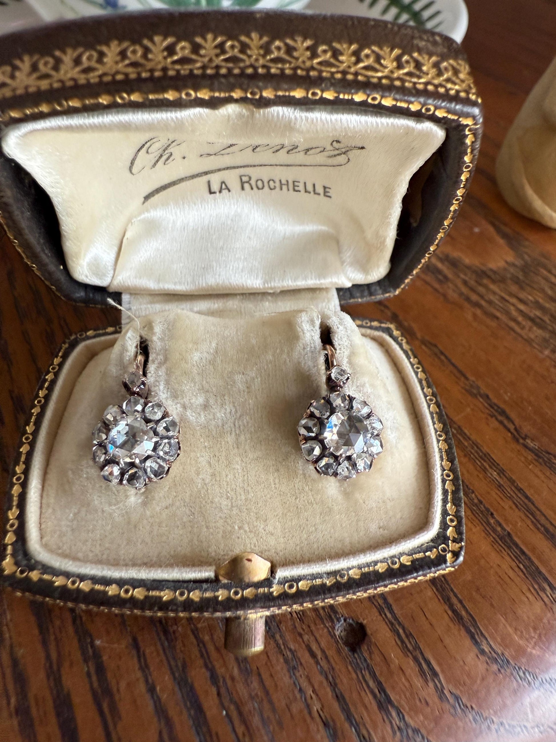 Victorian ANTIQUE Rose Cut Diamond Cluster Dormeuse Earrings French 18k Gold Solid 1.7 Carat Face Up Daisy Halo Dangle Belle Epoque