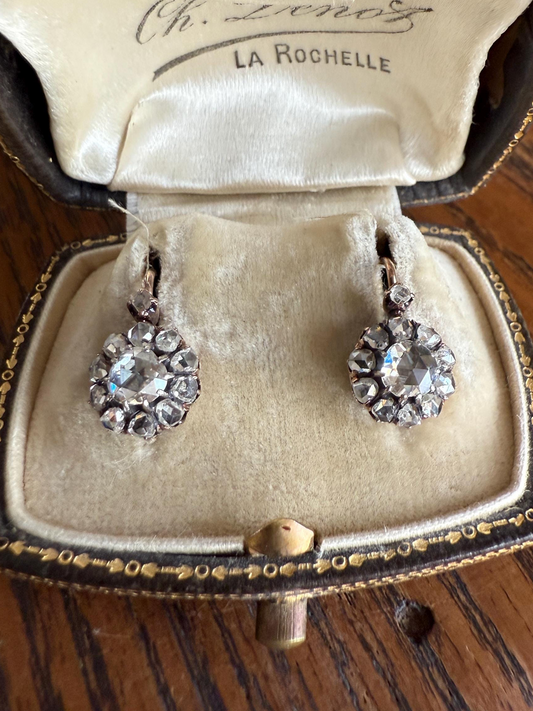 Victorian ANTIQUE Rose Cut Diamond Cluster Dormeuse Earrings French 18k Gold Solid 1.7 Carat Face Up Daisy Halo Dangle Belle Epoque