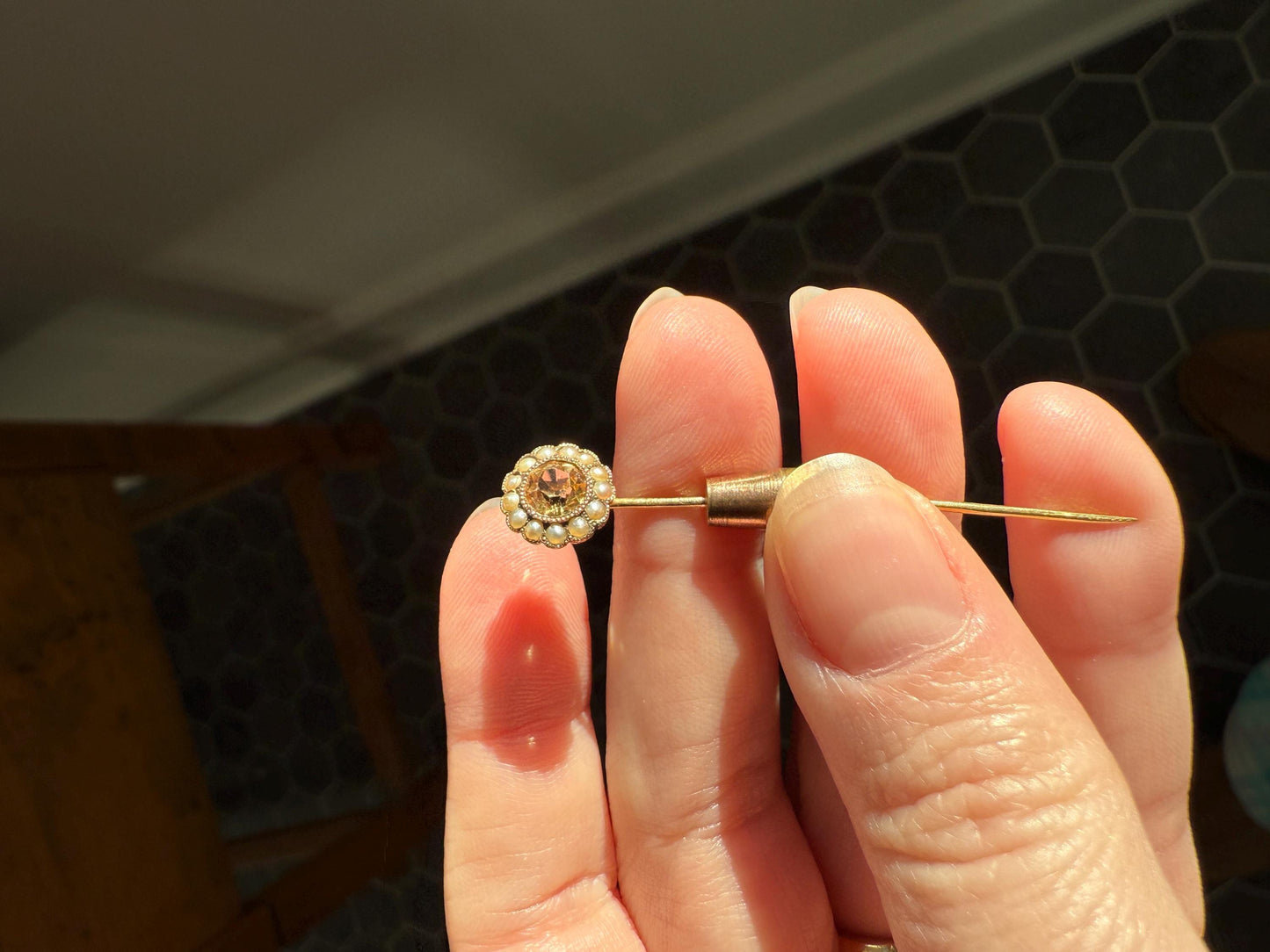 IMPERIAL TOPAZ Old Cut Peach Pearl Halo Antique Stick Pin - Daisy Cluster Bead Rivet Pendant Ring Charm Conversion? 18k 14k Gold