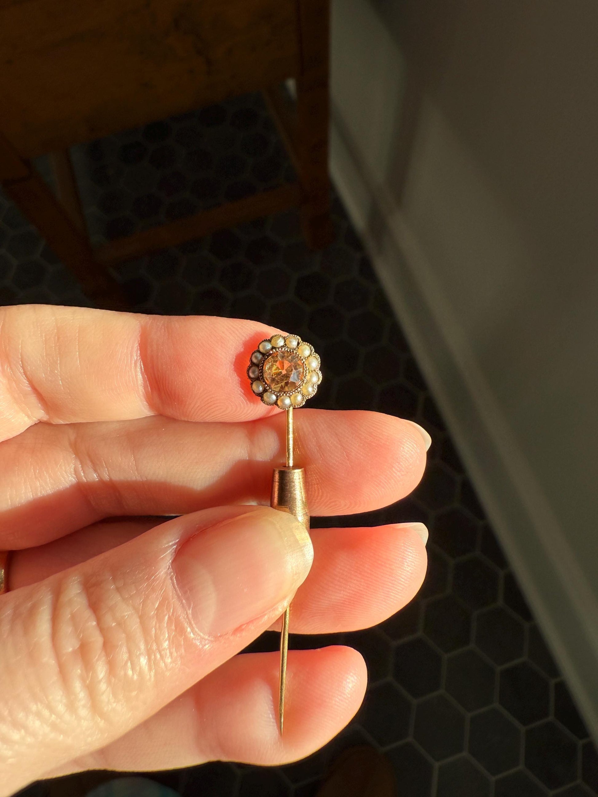 IMPERIAL TOPAZ Old Cut Peach Pearl Halo Antique Stick Pin - Daisy Cluster Bead Rivet Pendant Ring Charm Conversion? 18k 14k Gold