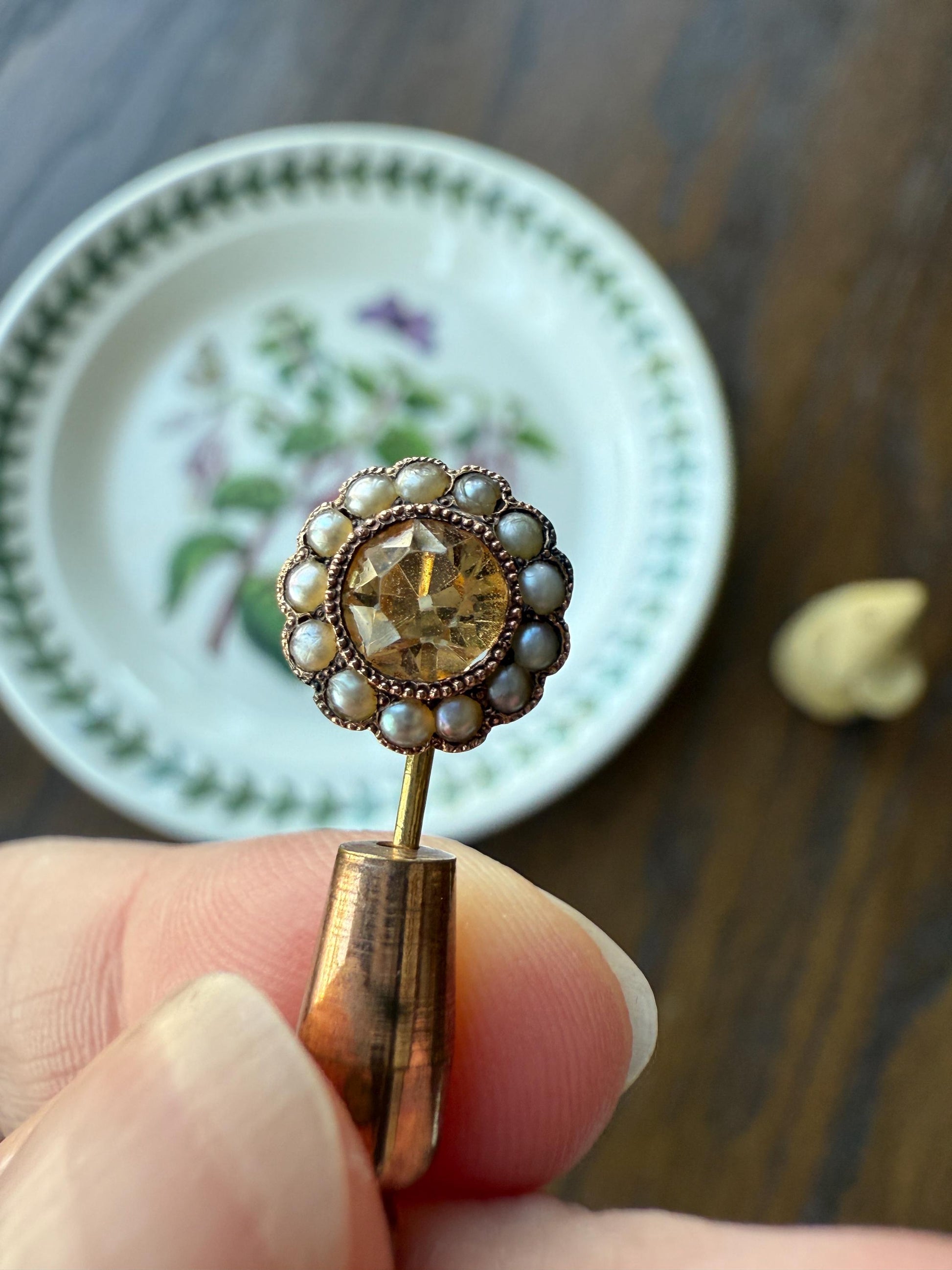IMPERIAL TOPAZ Old Cut Peach Pearl Halo Antique Stick Pin - Daisy Cluster Bead Rivet Pendant Ring Charm Conversion? 18k 14k Gold