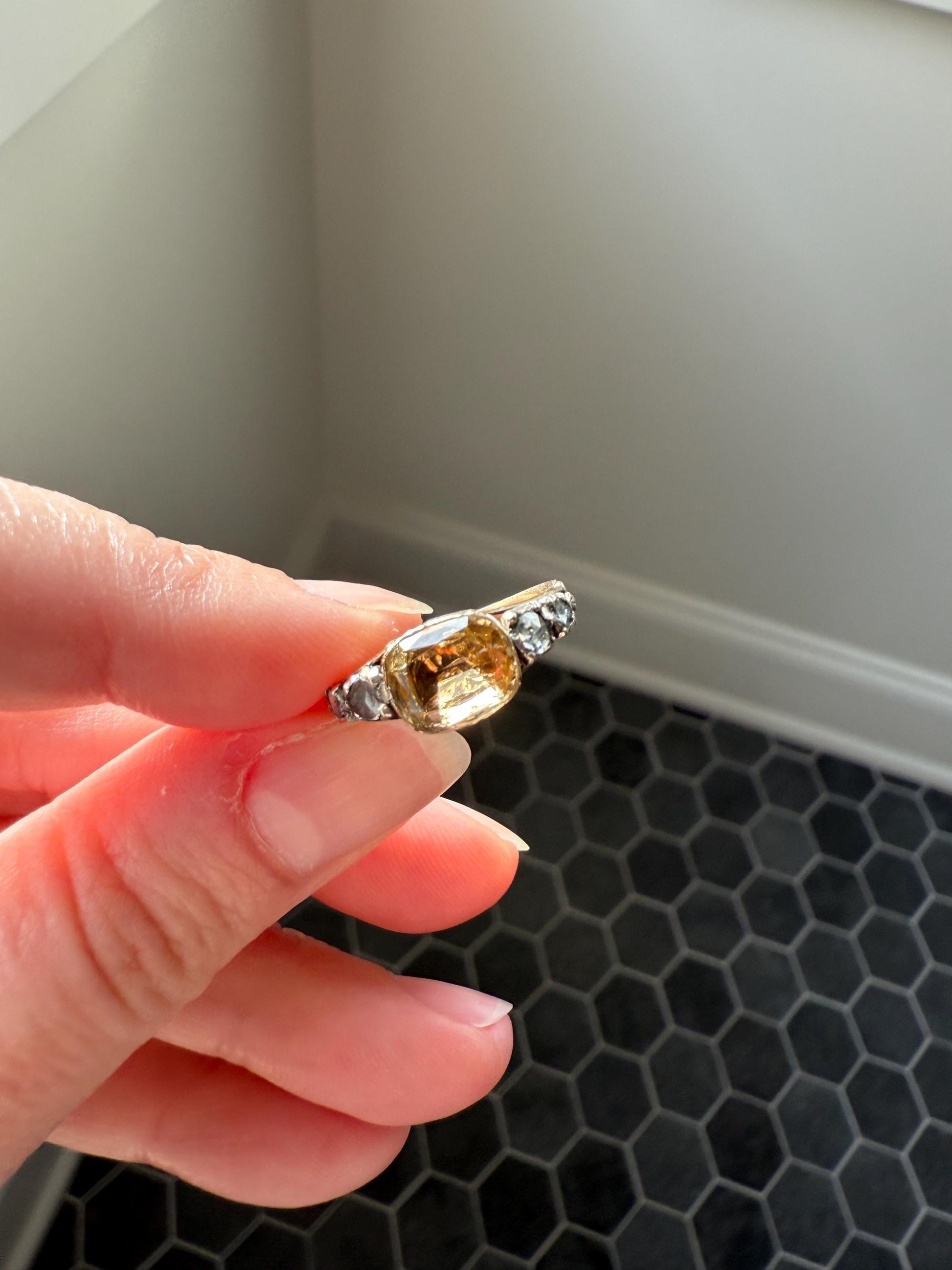 Antique Foiled CITRINE Sunny Yellow Rose Cut Diamond Ring Georgian Era Setting Button Back Ring Butt ; ) East West Elongated