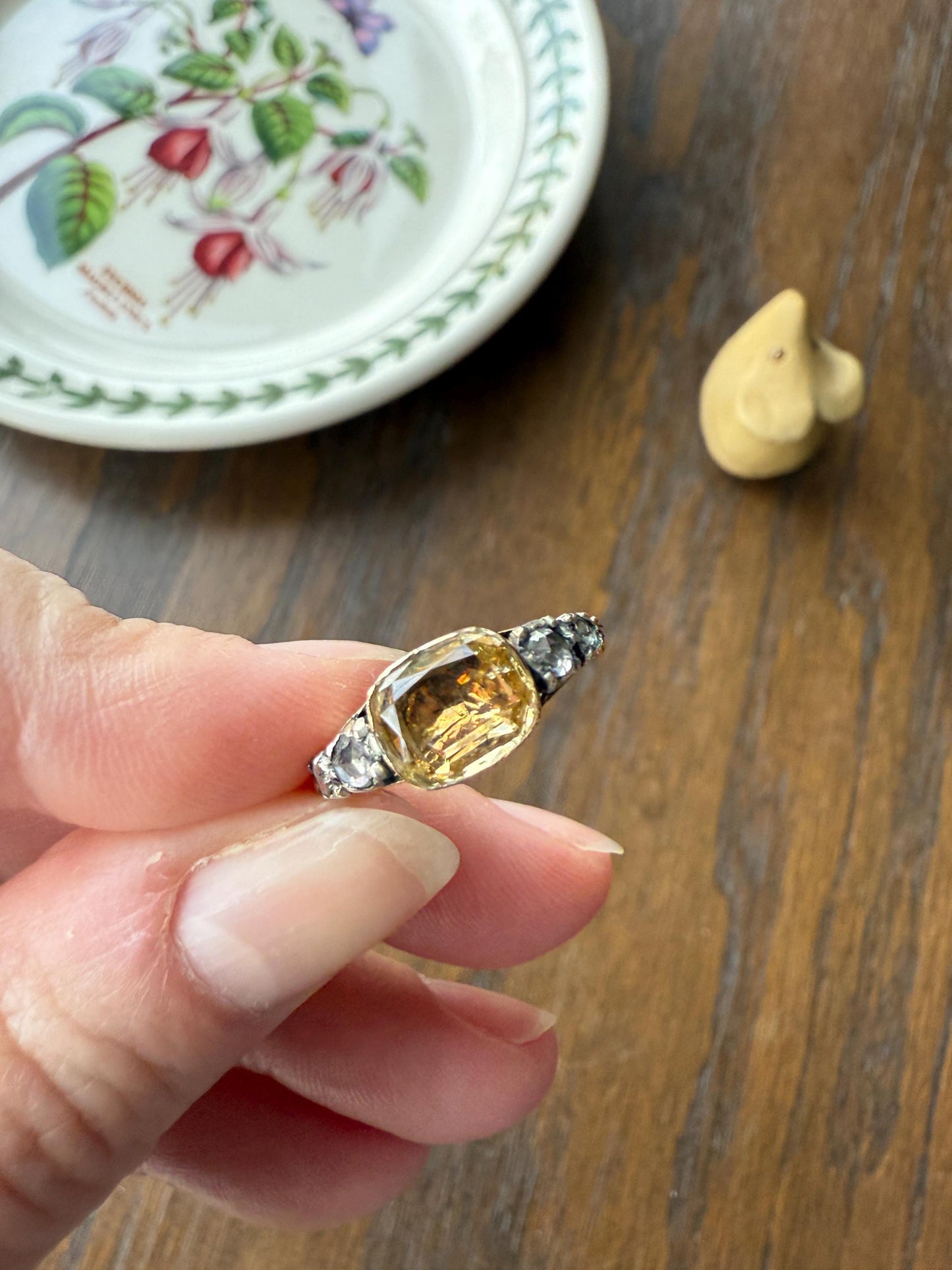 Antique Foiled CITRINE Sunny Yellow Rose Cut Diamond Ring Georgian Era Setting Button Back Ring Butt ; ) East West Elongated