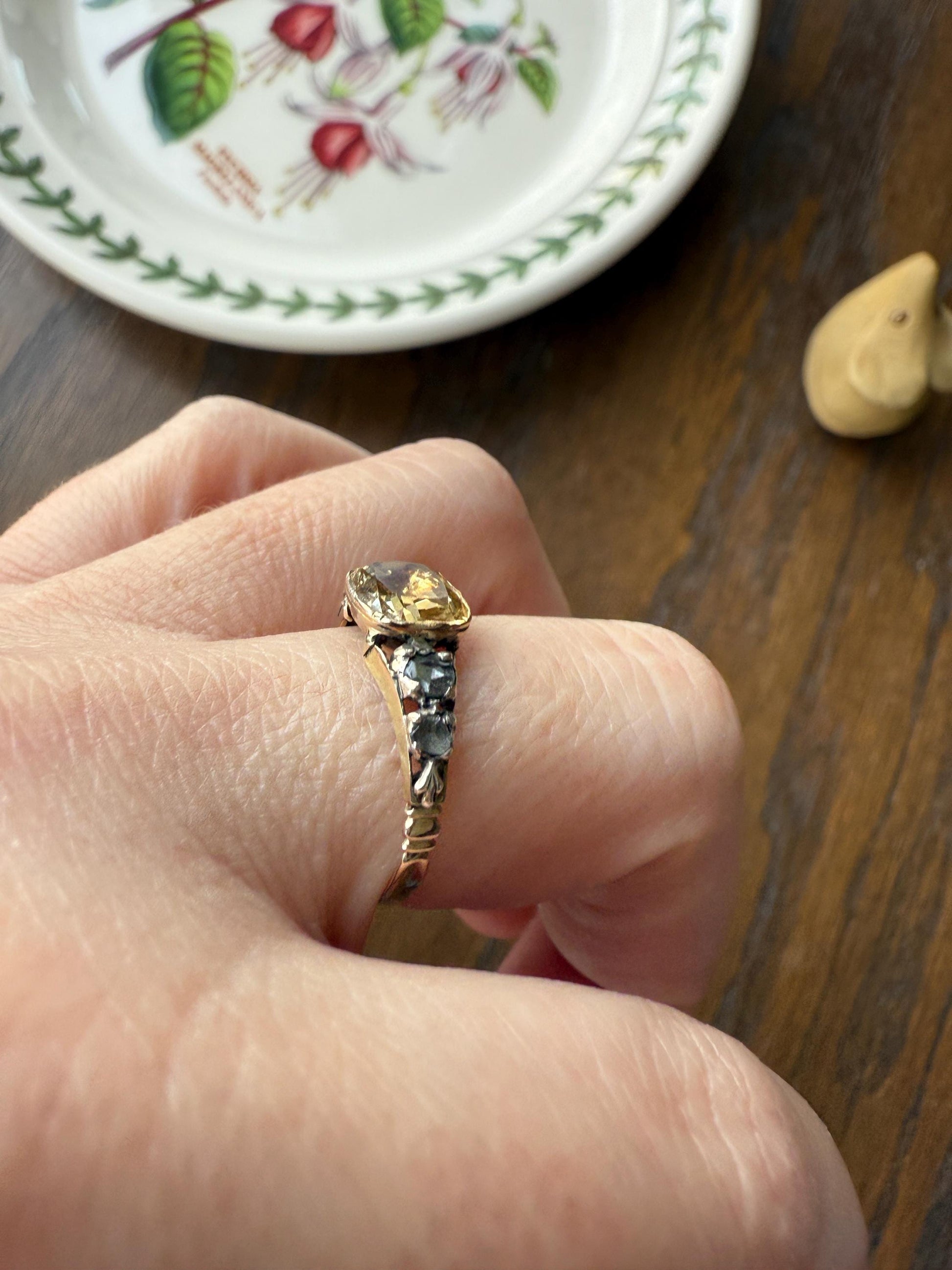 Antique Foiled CITRINE Sunny Yellow Rose Cut Diamond Ring Georgian Era Setting Button Back Ring Butt ; ) East West Elongated