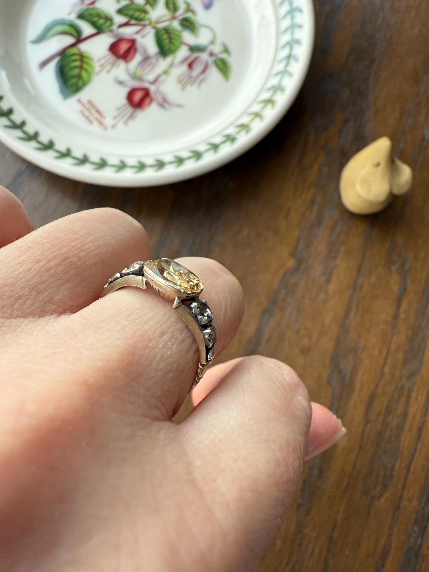 Antique Foiled CITRINE Sunny Yellow Rose Cut Diamond Ring Georgian Era Setting Button Back Ring Butt ; ) East West Elongated