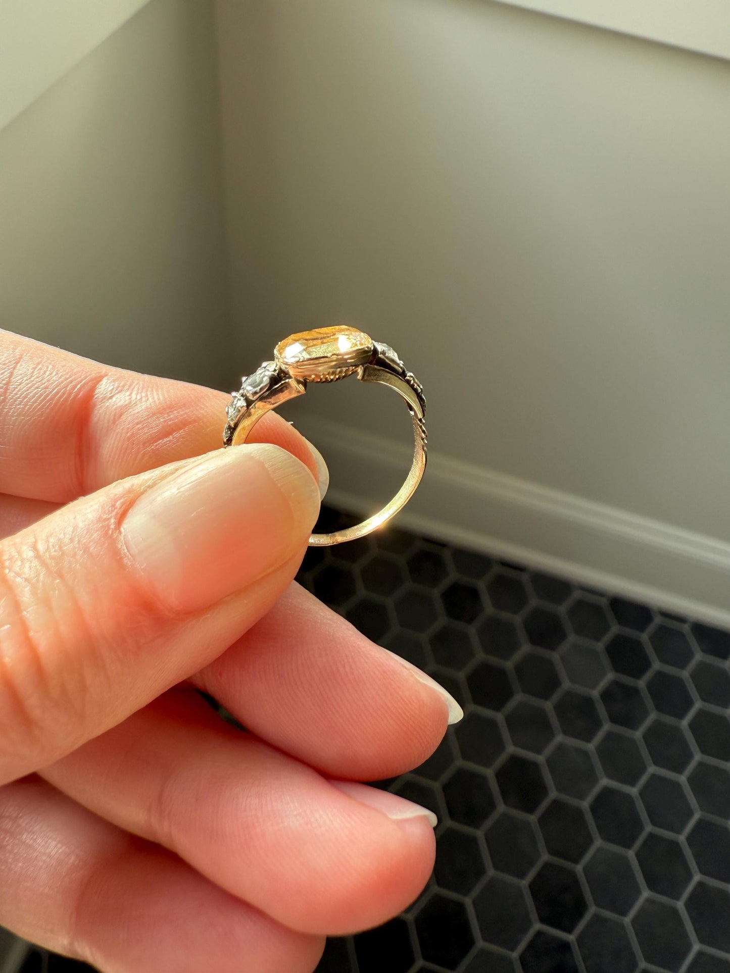 Antique Foiled CITRINE Sunny Yellow Rose Cut Diamond Ring Georgian Era Setting Button Back Ring Butt ; ) East West Elongated