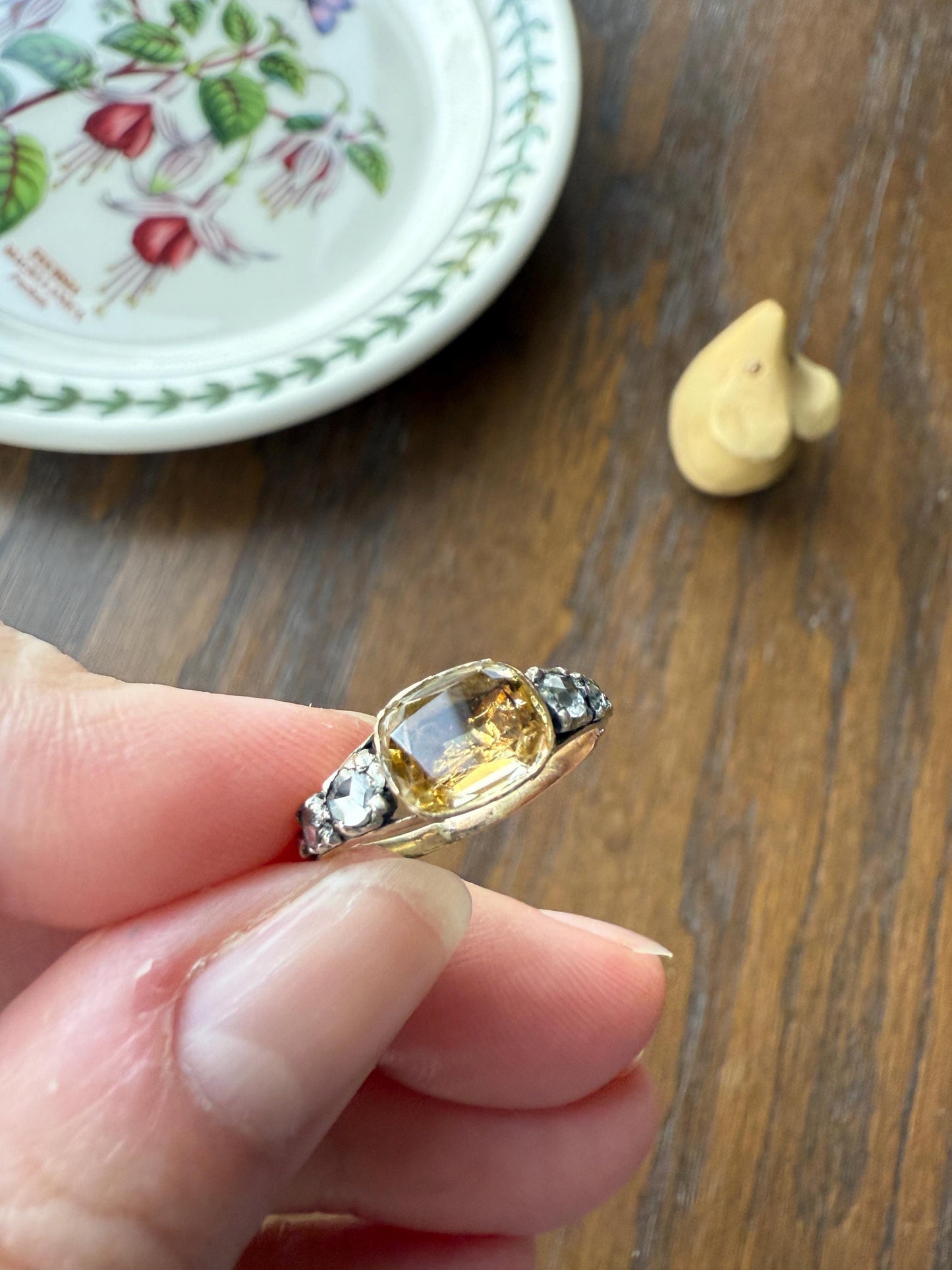 Antique Foiled CITRINE Sunny Yellow Rose Cut Diamond Ring Georgian Era Setting Button Back Ring Butt ; ) East West Elongated