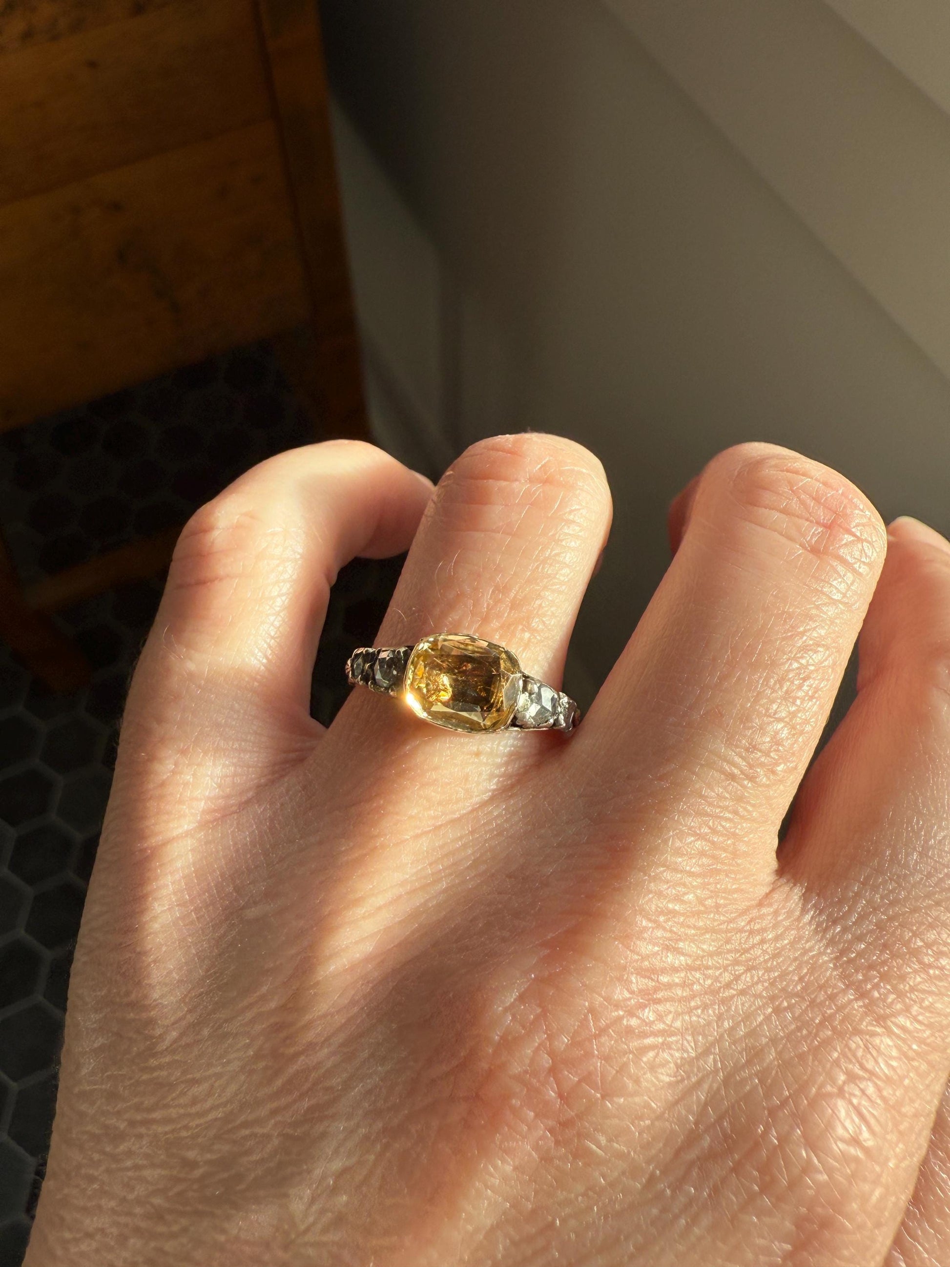 Antique Foiled CITRINE Sunny Yellow Rose Cut Diamond Ring Georgian Era Setting Button Back Ring Butt ; ) East West Elongated