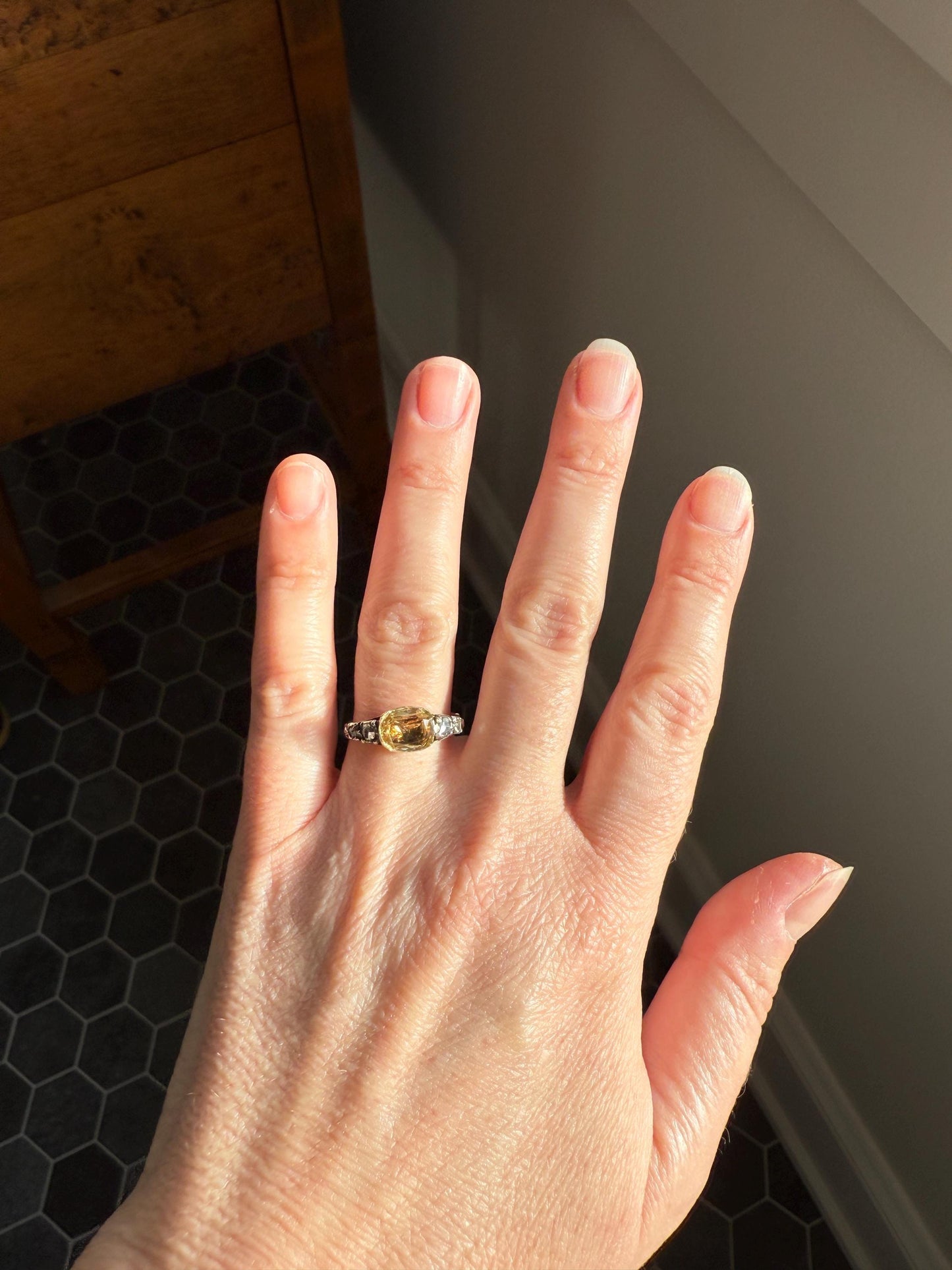 Antique Foiled CITRINE Sunny Yellow Rose Cut Diamond Ring Georgian Era Setting Button Back Ring Butt ; ) East West Elongated