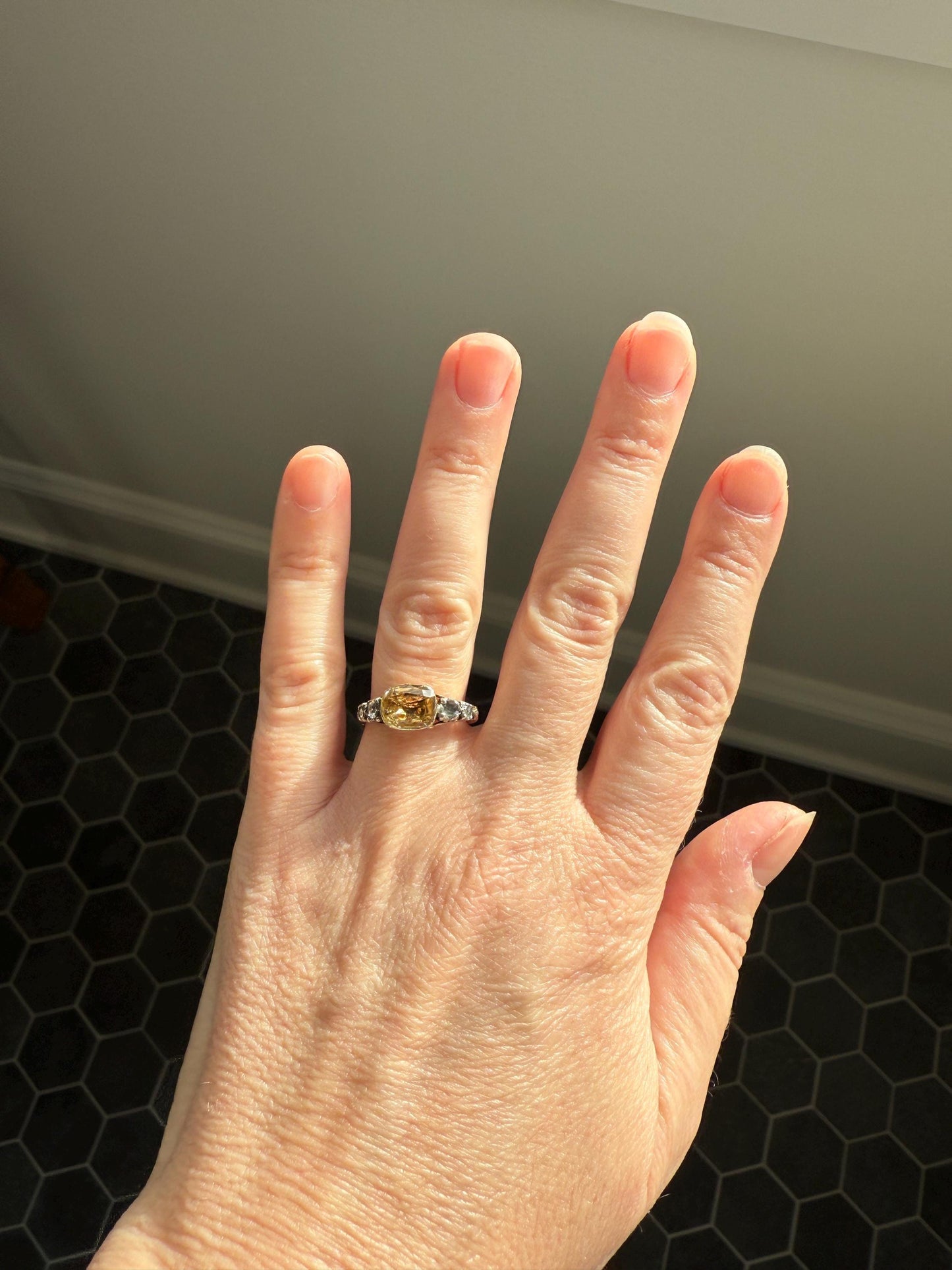 Antique Foiled CITRINE Sunny Yellow Rose Cut Diamond Ring Georgian Era Setting Button Back Ring Butt ; ) East West Elongated