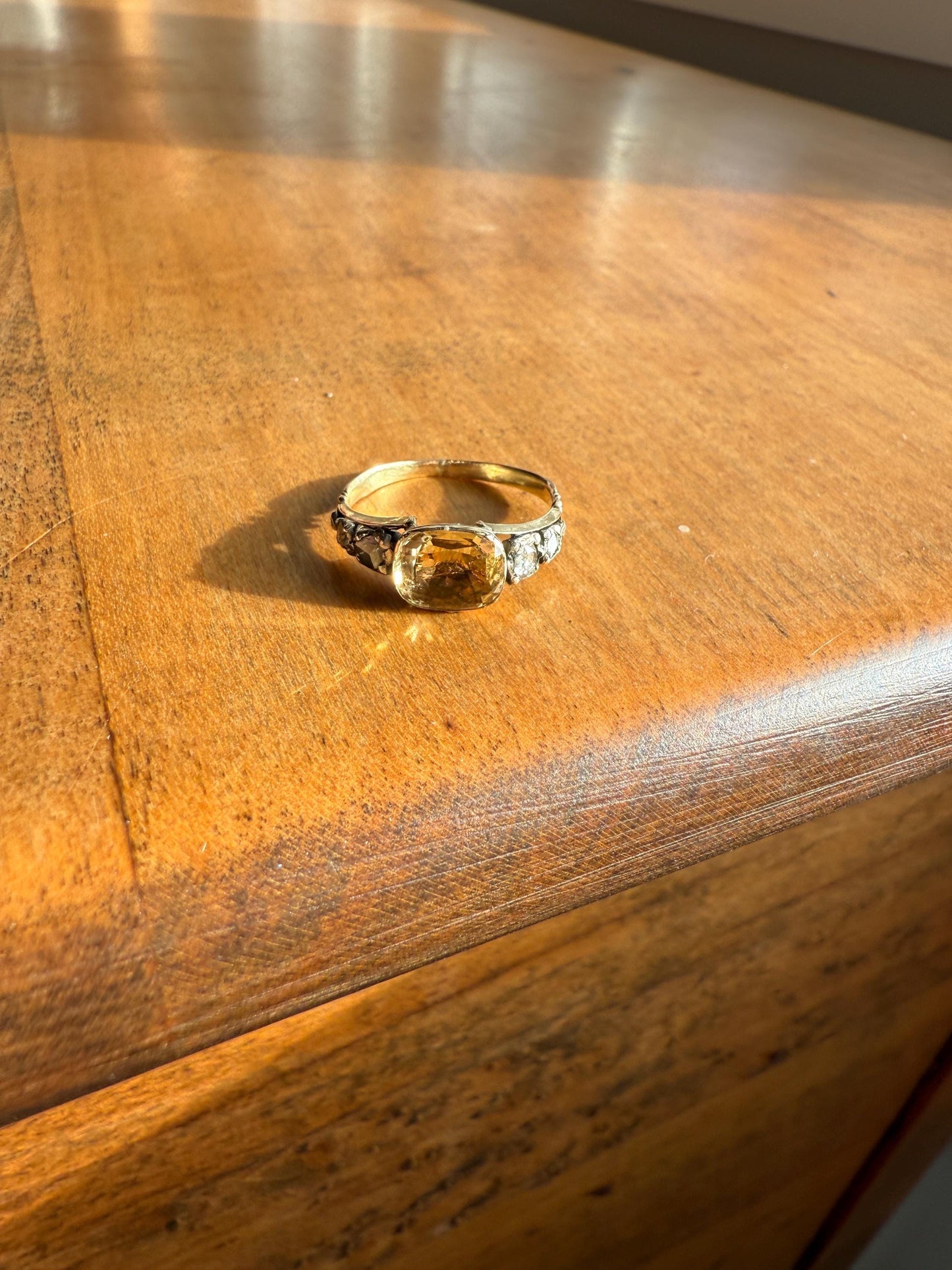 Antique Foiled CITRINE Sunny Yellow Rose Cut Diamond Ring Georgian Era Setting Button Back Ring Butt ; ) East West Elongated
