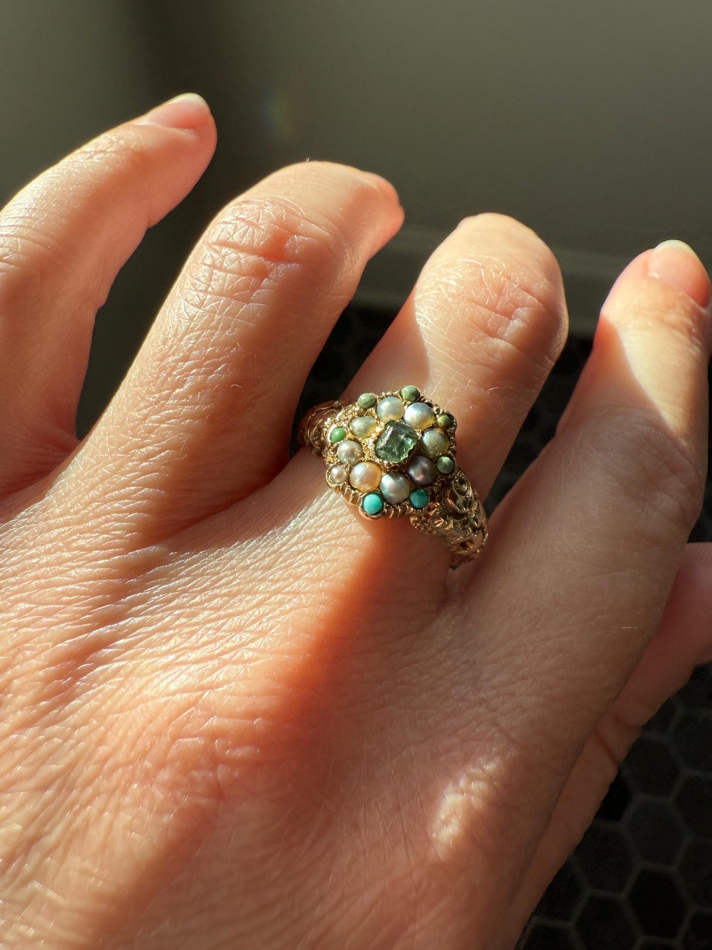 EMERALD Pearl Turquoise Georgian 10k Gold Ring Green White Floral Bouquet Embossed Shoulders Ornate Stacker Cluster