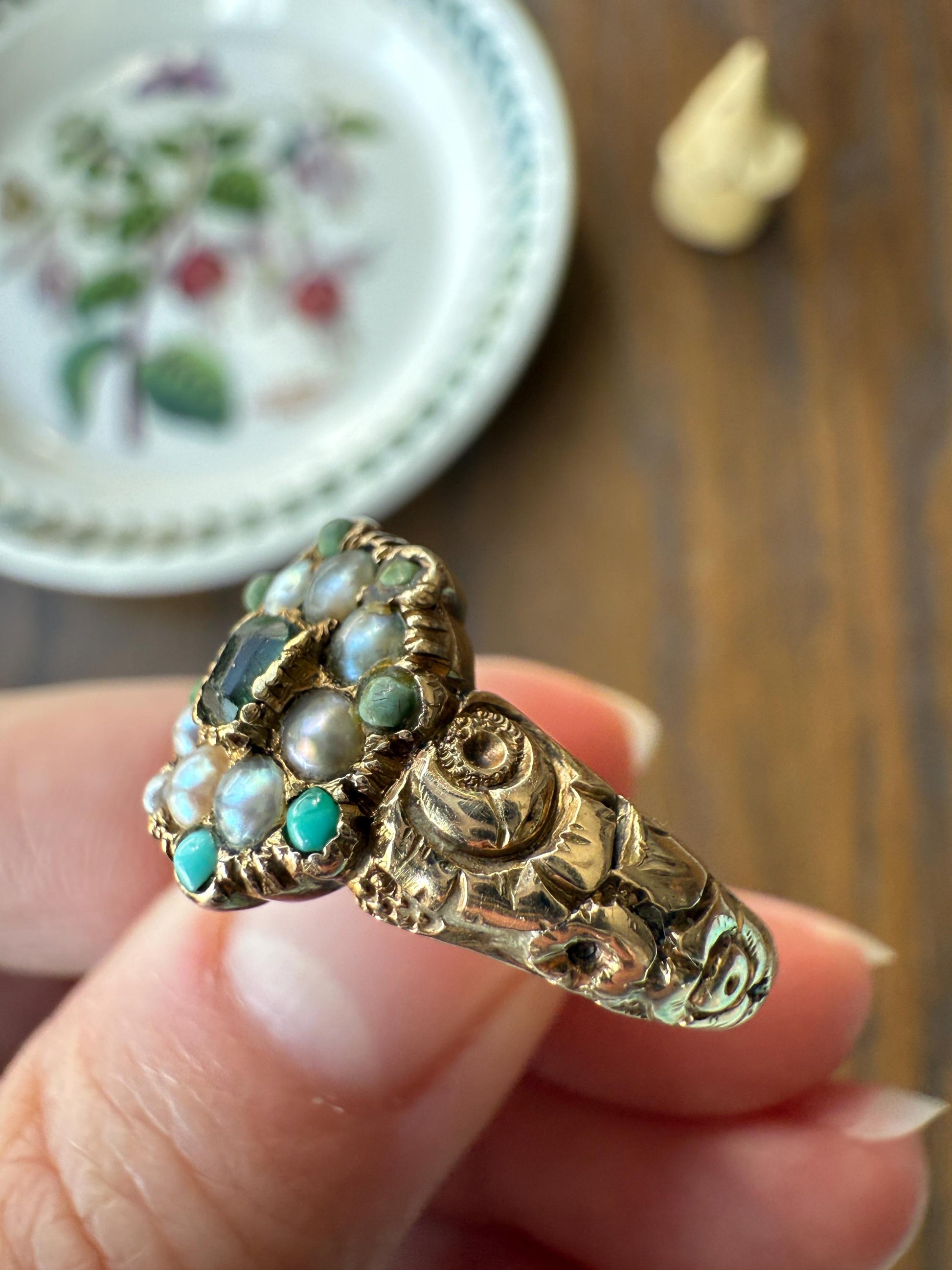 EMERALD Pearl Turquoise Georgian 10k Gold Ring Green White Floral Bouquet Embossed Shoulders Ornate Stacker Cluster