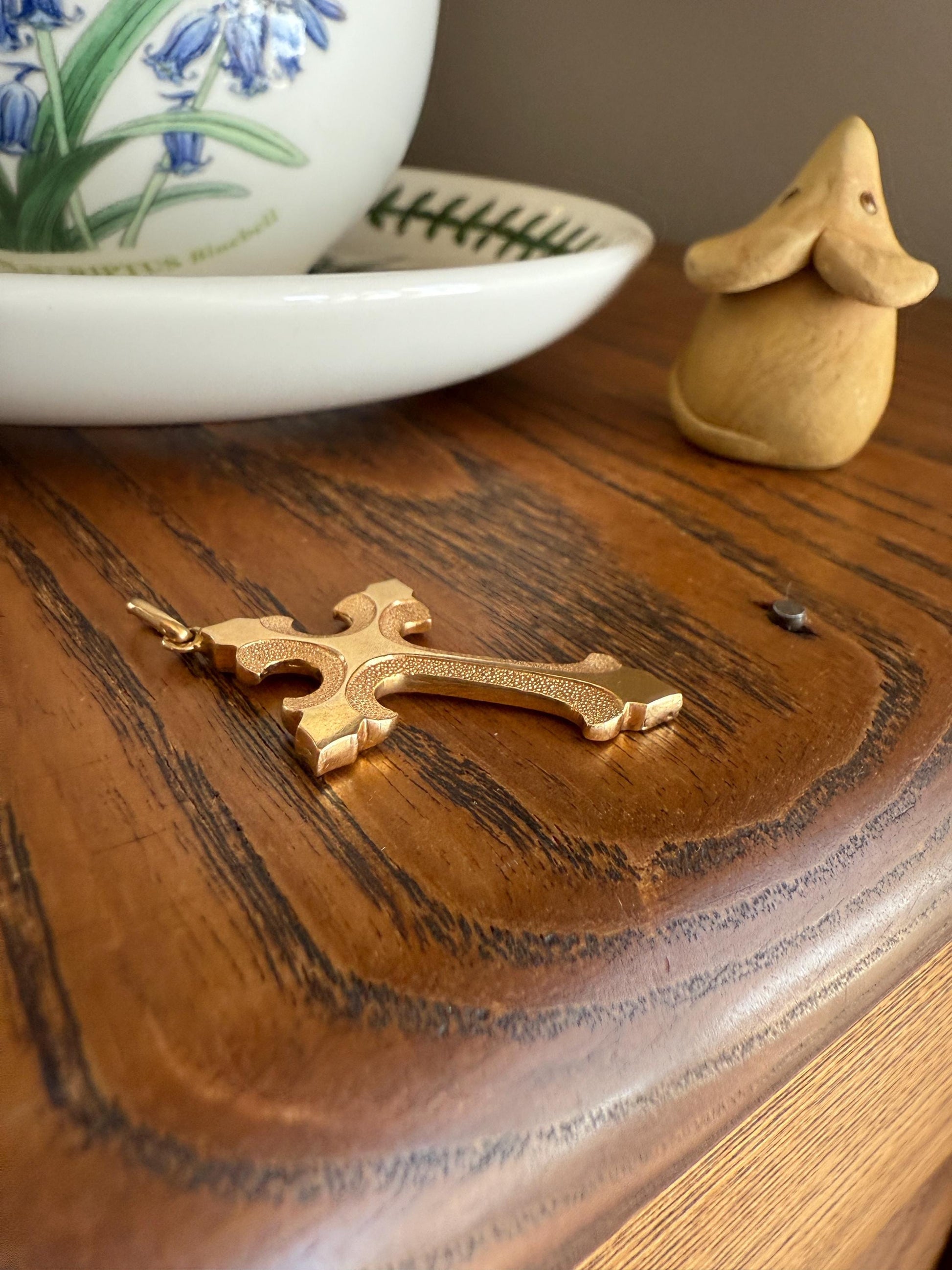 VICTORIAN 18k Gold French Antique Cross PENDANT Matte and Shine Texture Reversible Ornate Religious Faith Gift Belle Epoque