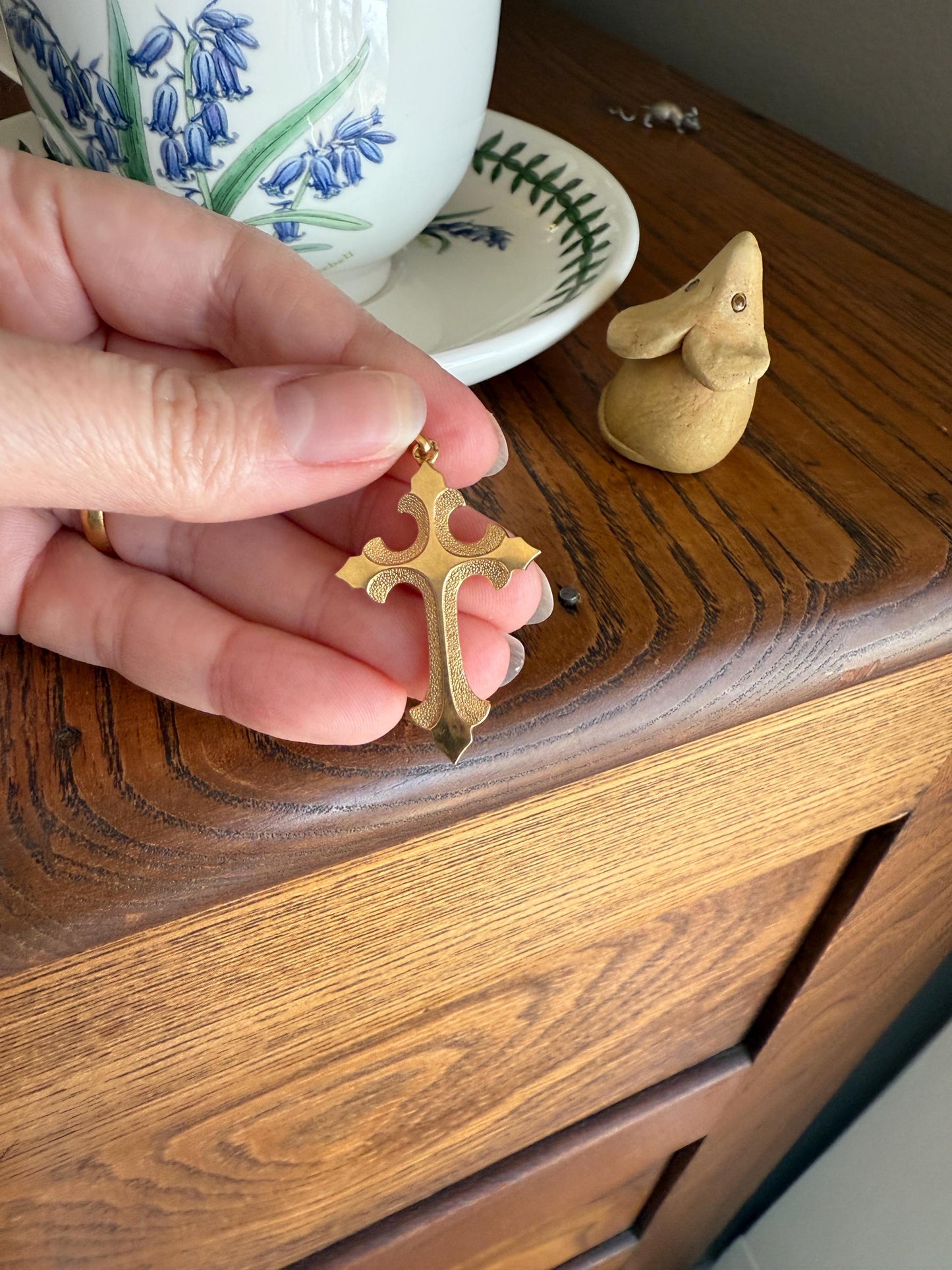 VICTORIAN 18k Gold French Antique Cross PENDANT Matte and Shine Texture Reversible Ornate Religious Faith Gift Belle Epoque