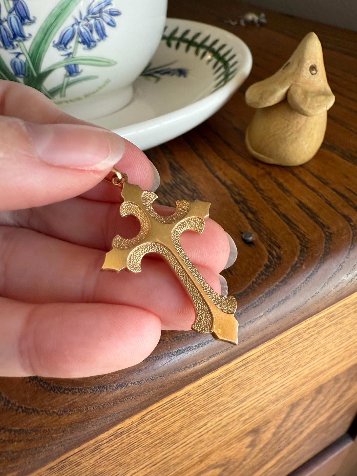 VICTORIAN 18k Gold French Antique Cross PENDANT Matte and Shine Texture Reversible Ornate Religious Faith Gift Belle Epoque