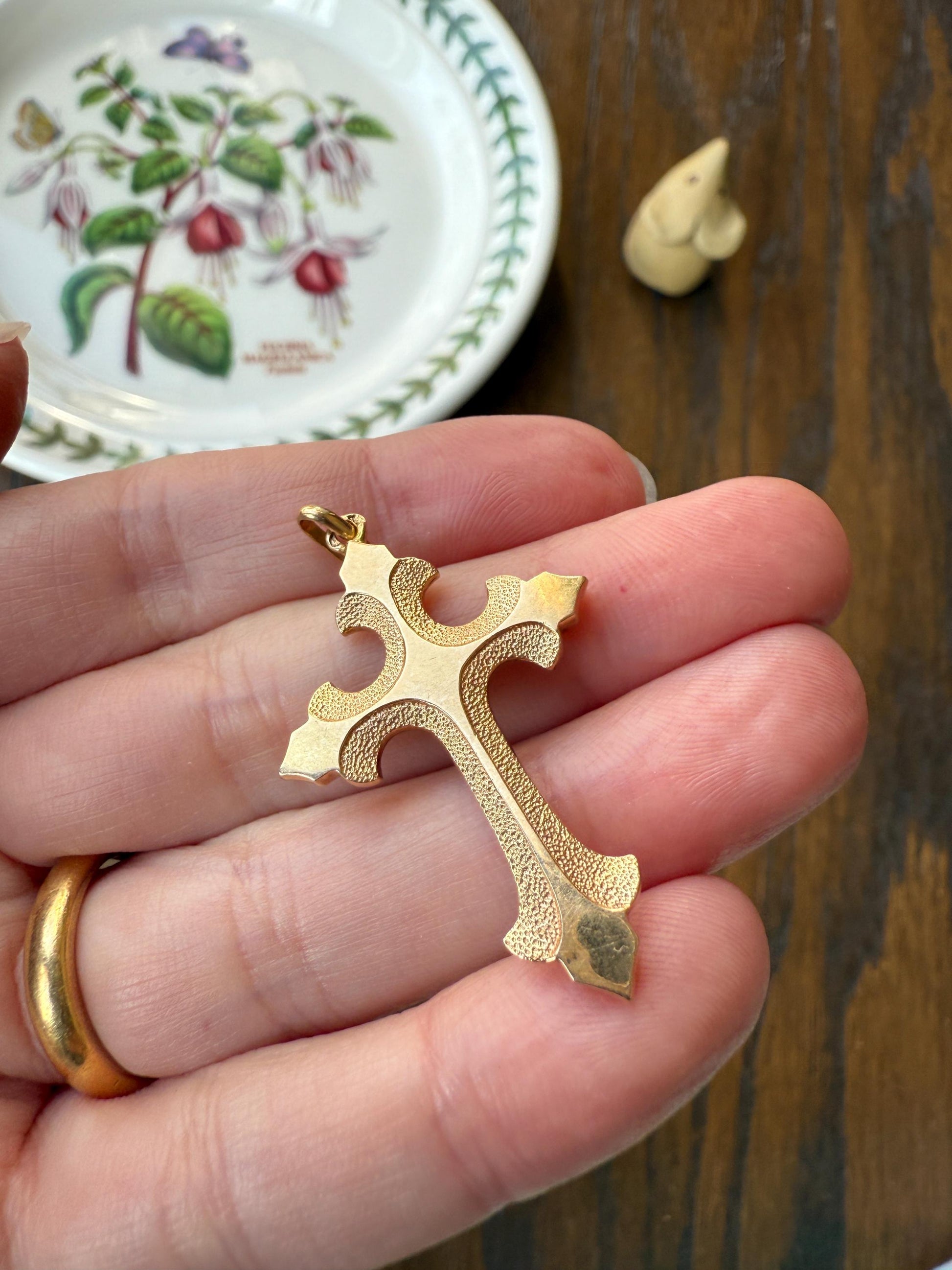VICTORIAN 18k Gold French Antique Cross PENDANT Matte and Shine Texture Reversible Ornate Religious Faith Gift Belle Epoque