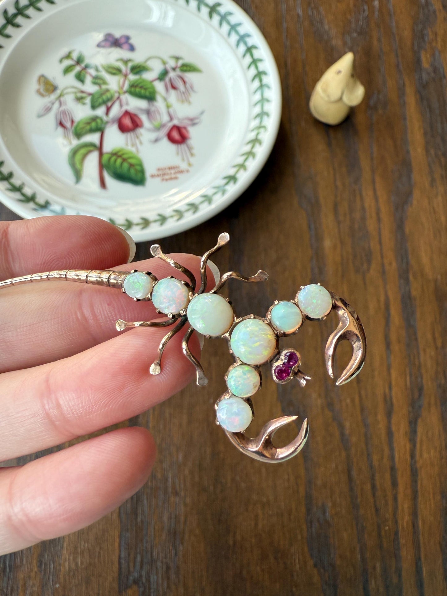 SCORPION Figural Vintage Brooch Extender Connector Pendant Blue Opal Ruby Eyes 10k Gold Large Pin