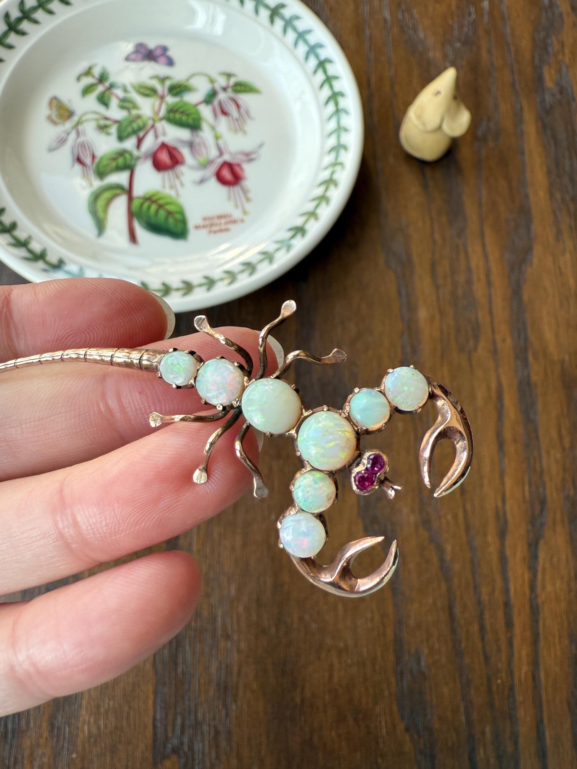 SCORPION Figural Vintage Brooch Extender Connector Pendant Blue Opal Ruby Eyes 10k Gold Large Pin
