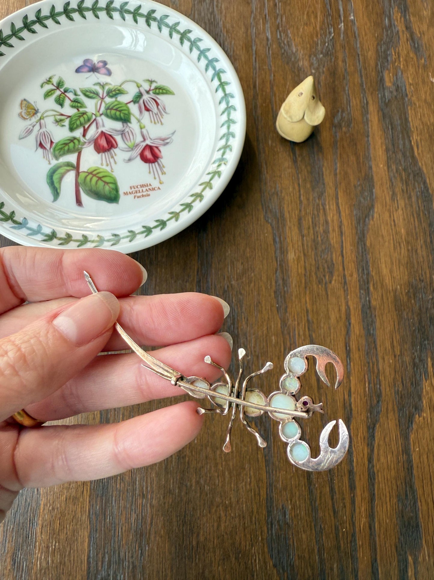SCORPION Figural Vintage Brooch Extender Connector Pendant Blue Opal Ruby Eyes 10k Gold Large Pin