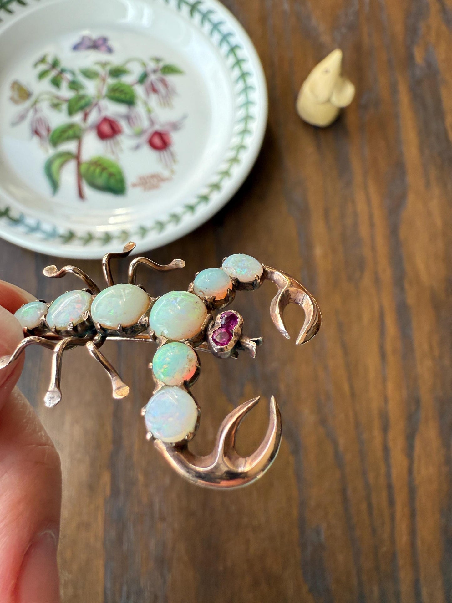 SCORPION Figural Vintage Brooch Extender Connector Pendant Blue Opal Ruby Eyes 10k Gold Large Pin