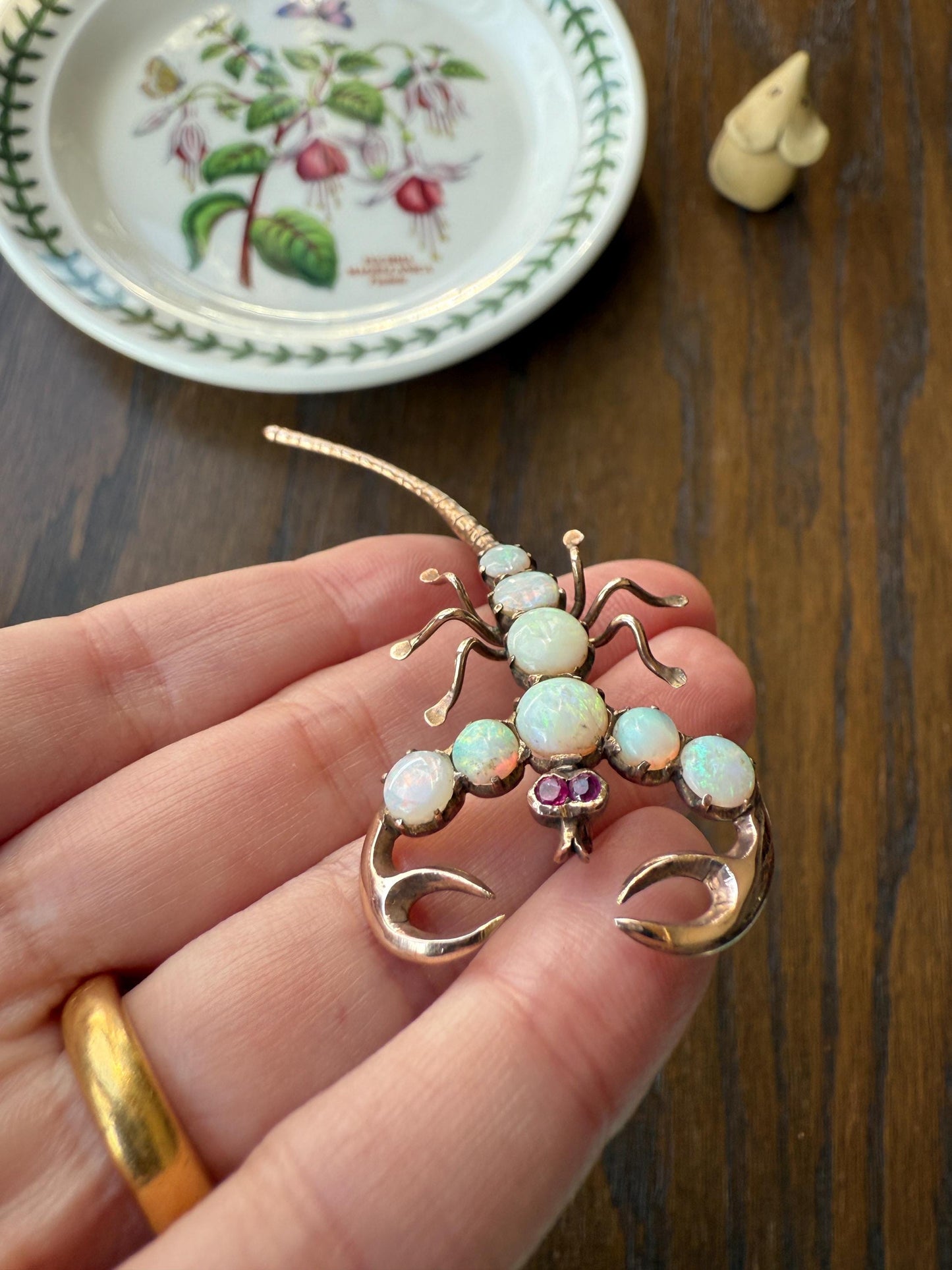 SCORPION Figural Vintage Brooch Extender Connector Pendant Blue Opal Ruby Eyes 10k Gold Large Pin