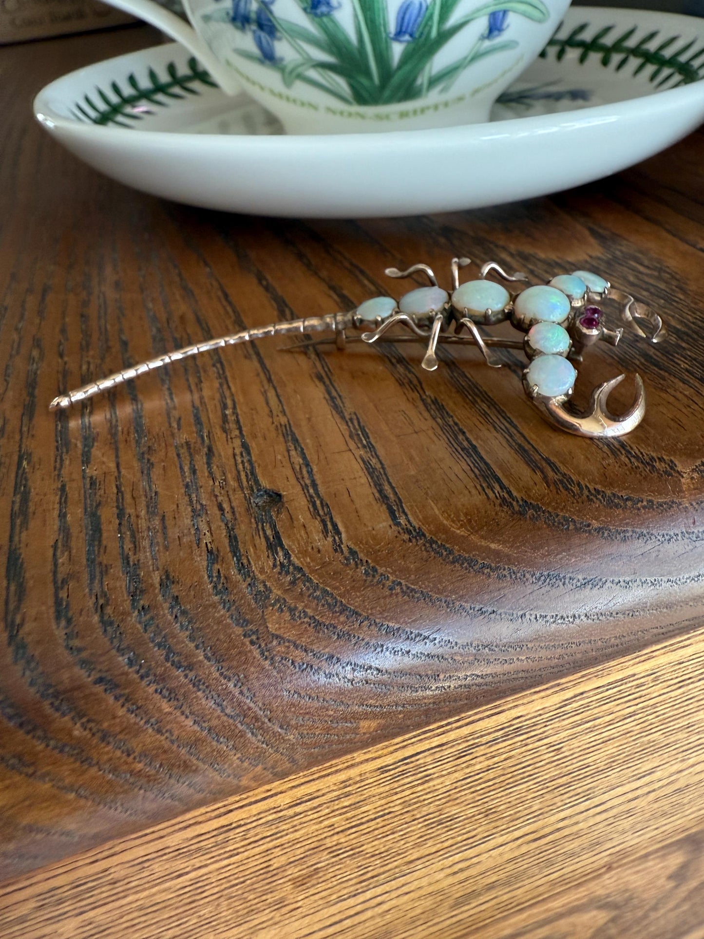 SCORPION Figural Vintage Brooch Extender Connector Pendant Blue Opal Ruby Eyes 10k Gold Large Pin