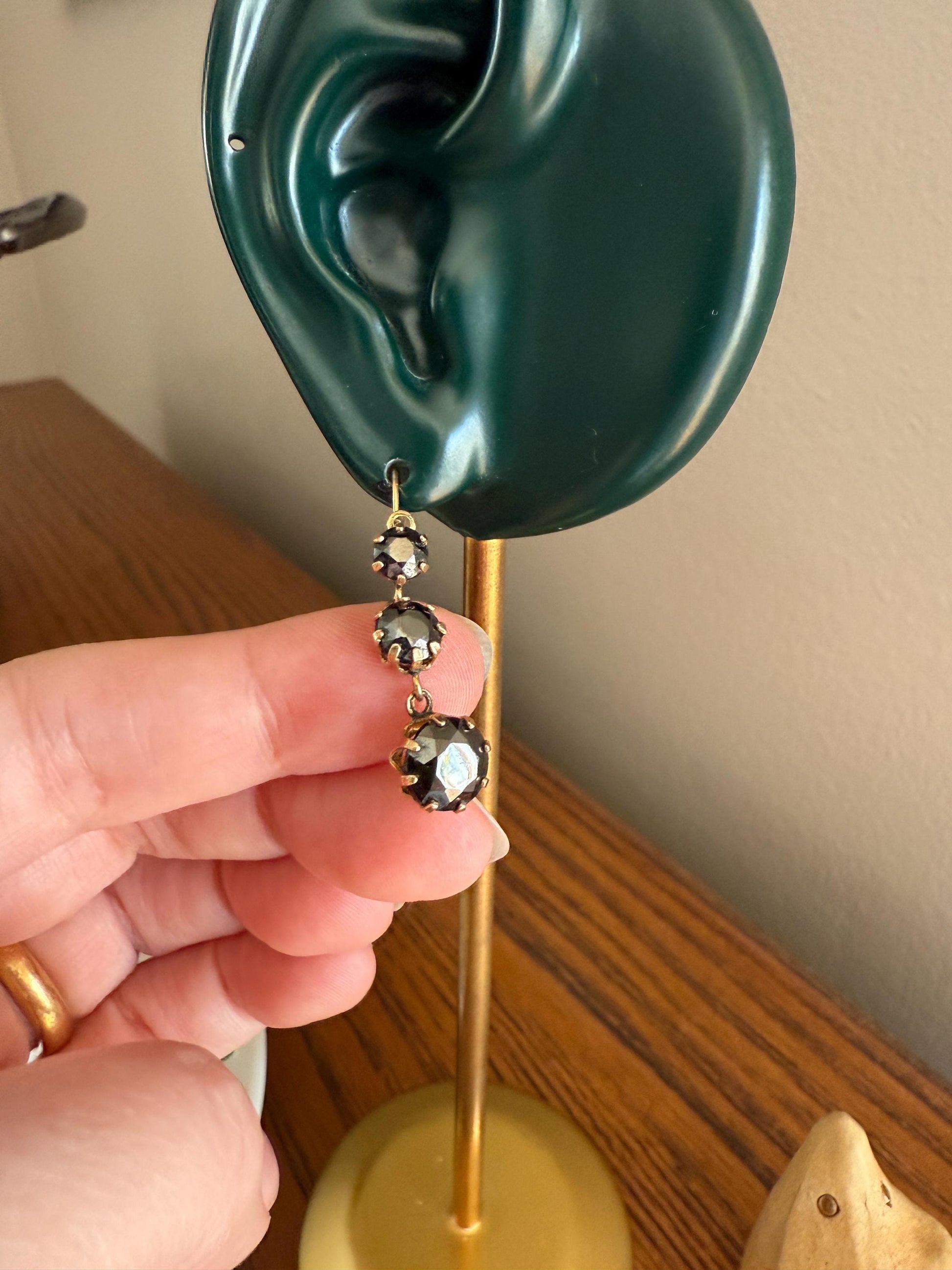 Antique HEMATITE Metallic Gray Black Victorian Line Dangle Earrings Buttercup Prongs Moody Dark 14k Gold Three Stone Drops