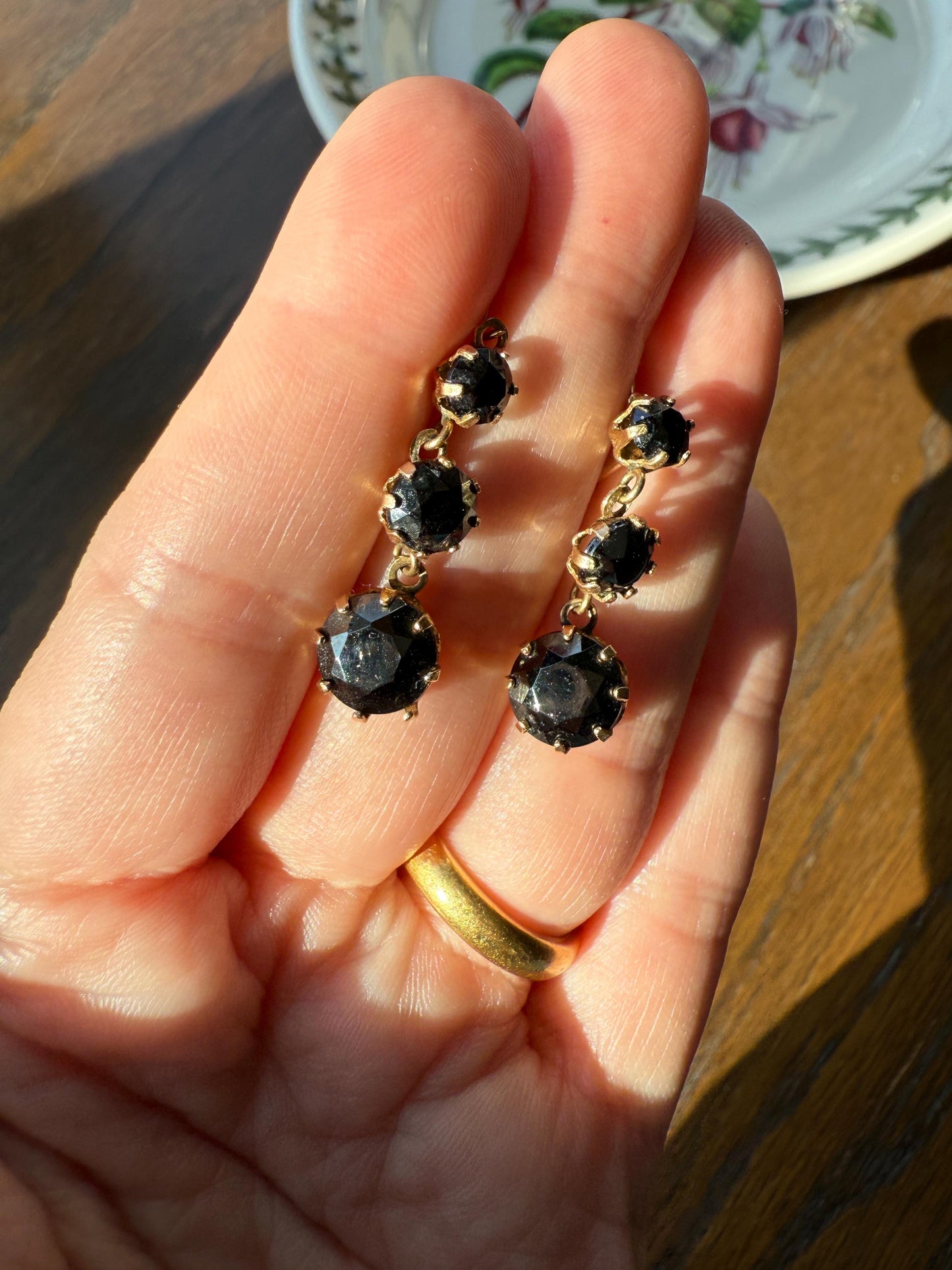 Antique HEMATITE Metallic Gray Black Victorian Line Dangle Earrings Buttercup Prongs Moody Dark 14k Gold Three Stone Drops