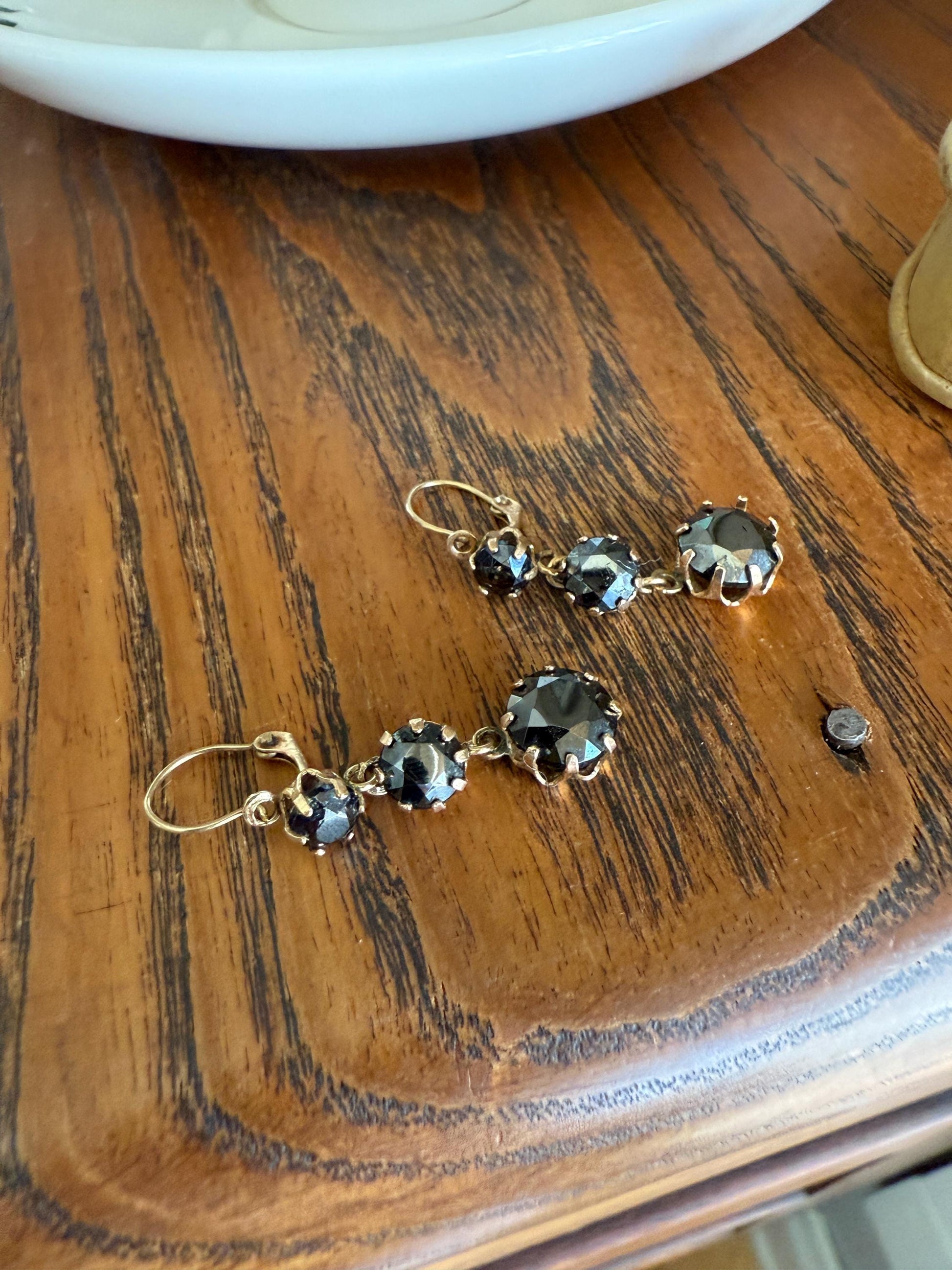 Antique HEMATITE Metallic Gray Black Victorian Line Dangle Earrings Buttercup Prongs Moody Dark 14k Gold Three Stone Drops