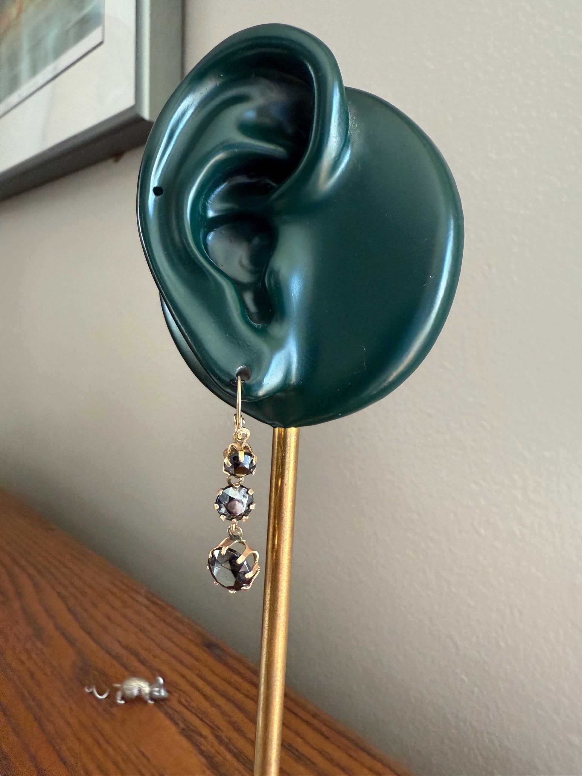 Antique HEMATITE Metallic Gray Black Victorian Line Dangle Earrings Buttercup Prongs Moody Dark 14k Gold Three Stone Drops