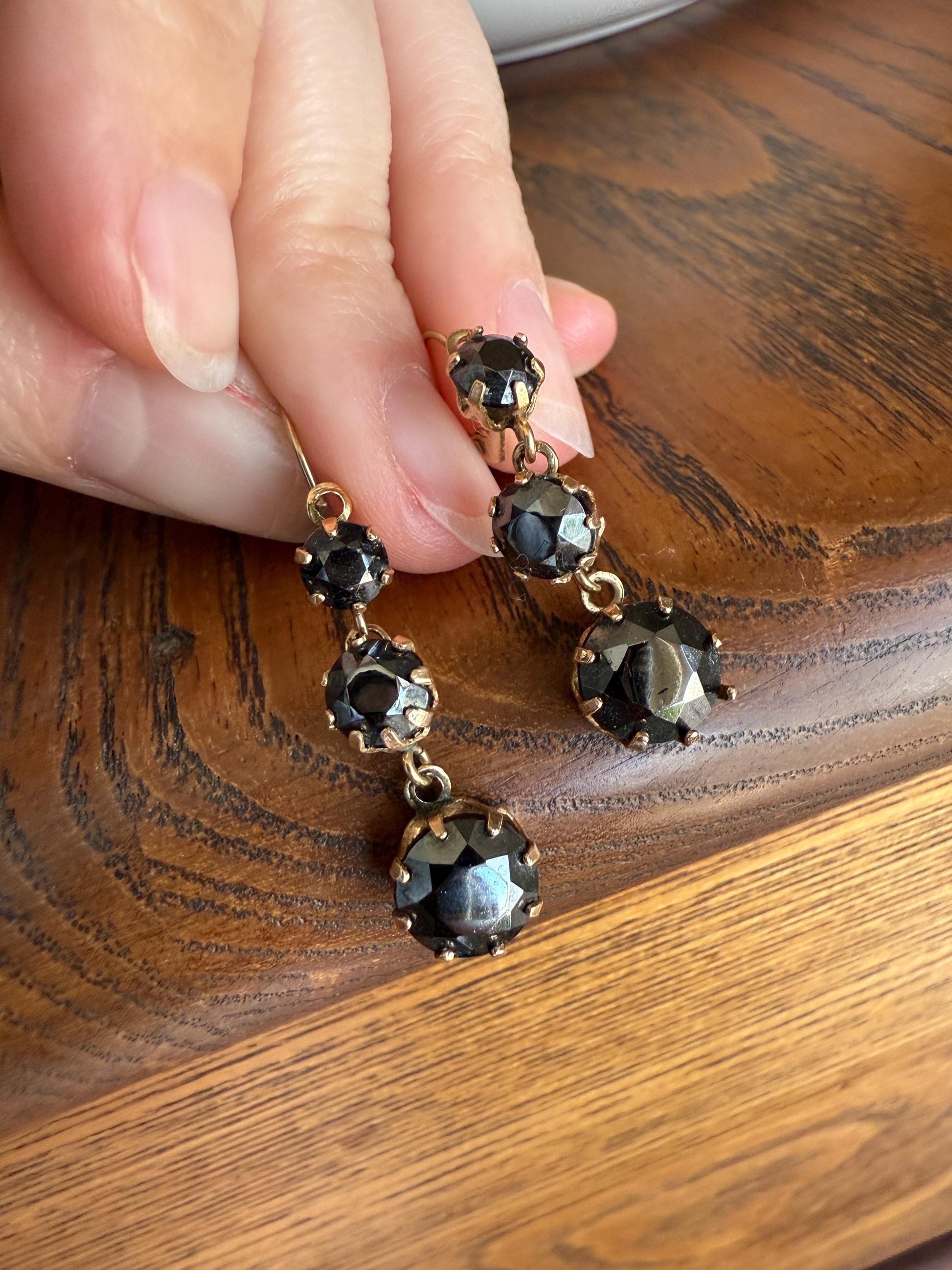 Antique HEMATITE Metallic Gray Black Victorian Line Dangle Earrings Buttercup Prongs Moody Dark 14k Gold Three Stone Drops
