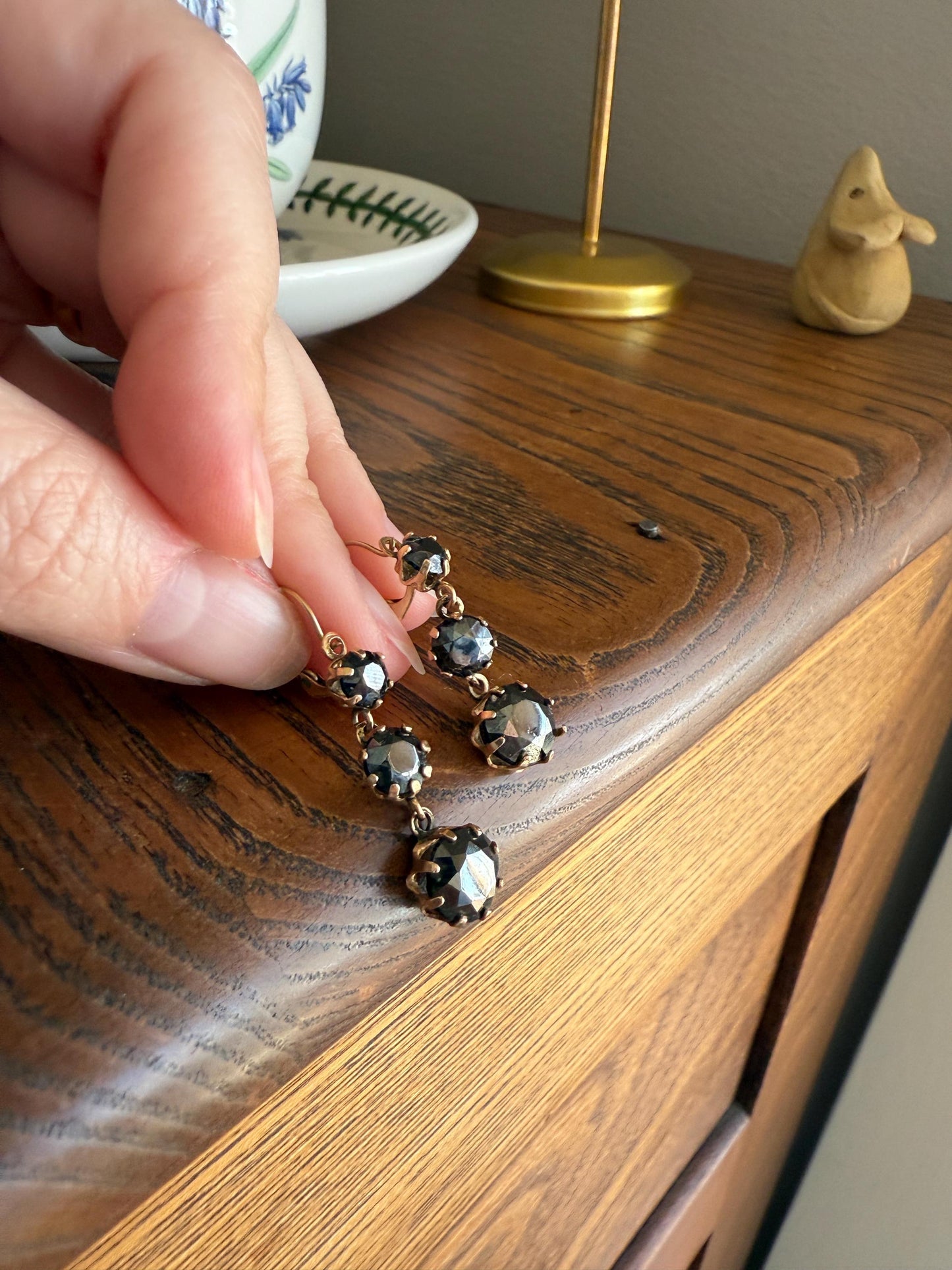 Antique HEMATITE Metallic Gray Black Victorian Line Dangle Earrings Buttercup Prongs Moody Dark 14k Gold Three Stone Drops