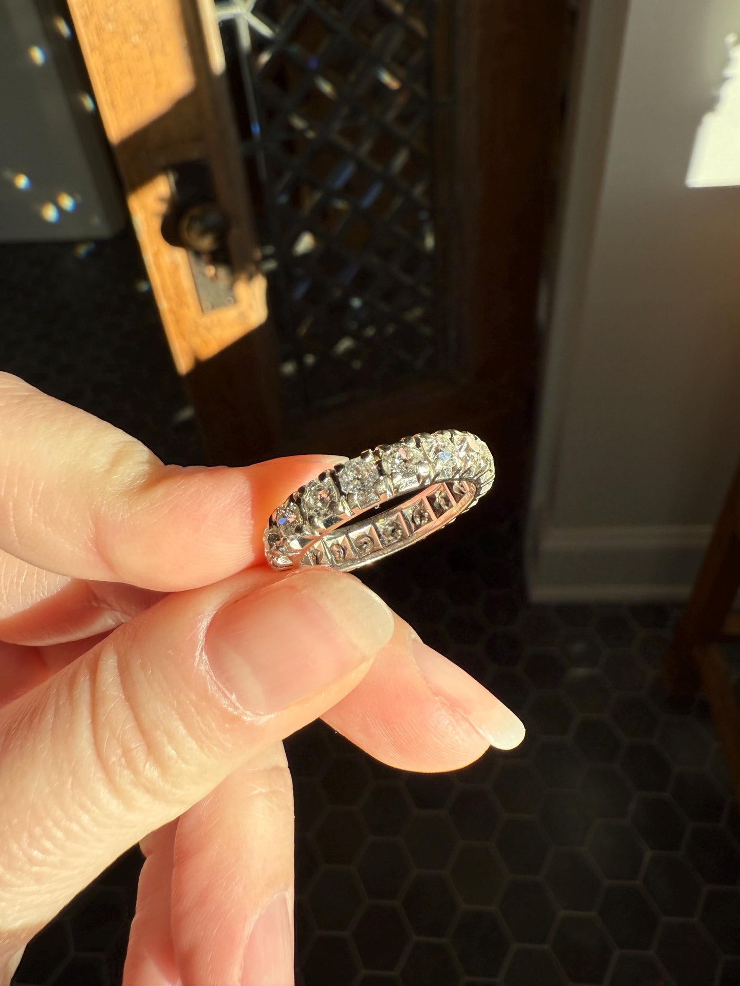 FRENCH Antique Art Deco 2.7 Carats 18 Old Mine Cut DiAMOND Full ETERNITY Band Ring 18k White GOLD Wedding Anniversary Beveled OmC
