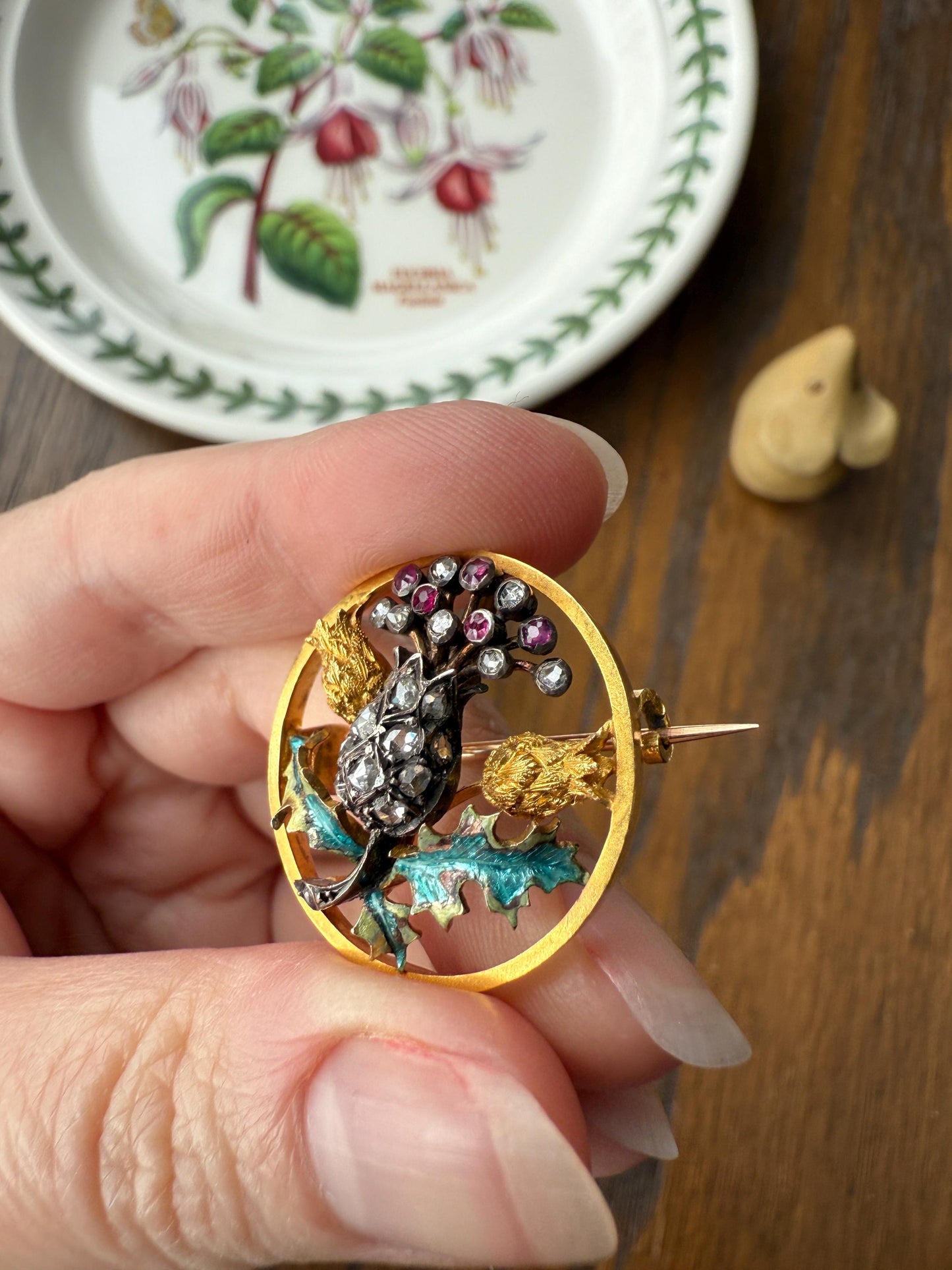 THISTLE Antique Art Nouveau 18k Gold French Belle Epoque Rose Cut Diamond Ruby Brooch Pin Pendant Connector Extender 3D Lifelike Floral