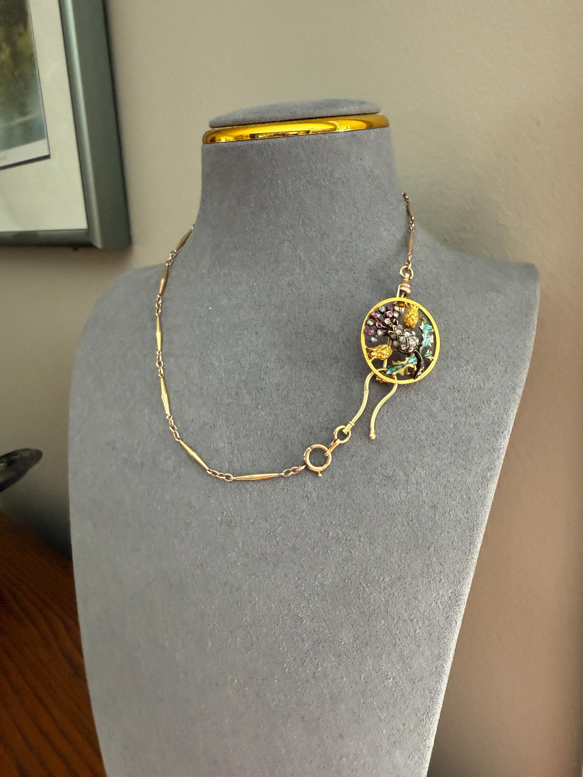 THISTLE Antique Art Nouveau 18k Gold French Belle Epoque Rose Cut Diamond Ruby Brooch Pin Pendant Connector Extender 3D Lifelike Floral