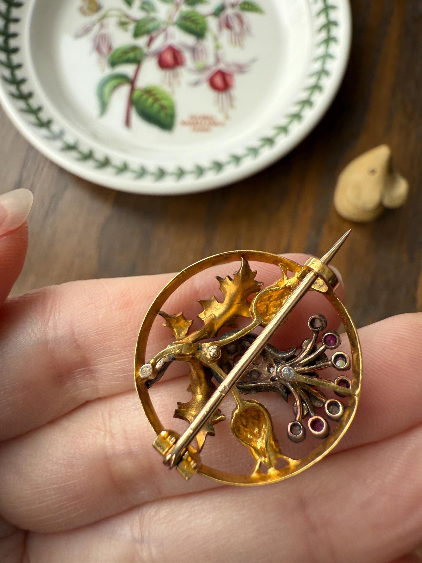 THISTLE Antique Art Nouveau 18k Gold French Belle Epoque Rose Cut Diamond Ruby Brooch Pin Pendant Connector Extender 3D Lifelike Floral