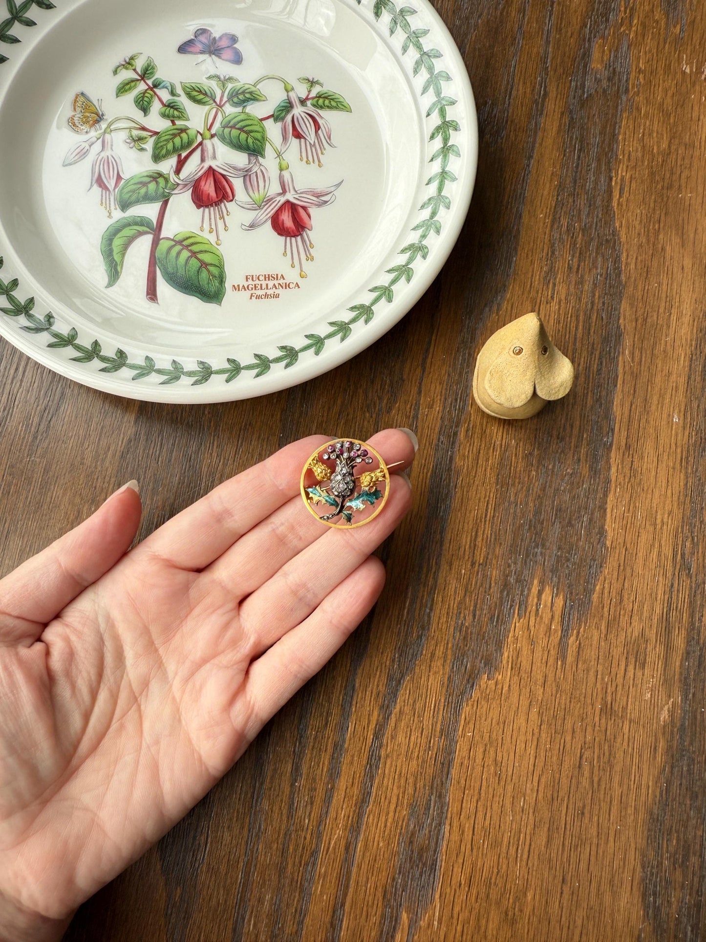 THISTLE Antique Art Nouveau 18k Gold French Belle Epoque Rose Cut Diamond Ruby Brooch Pin Pendant Connector Extender 3D Lifelike Floral