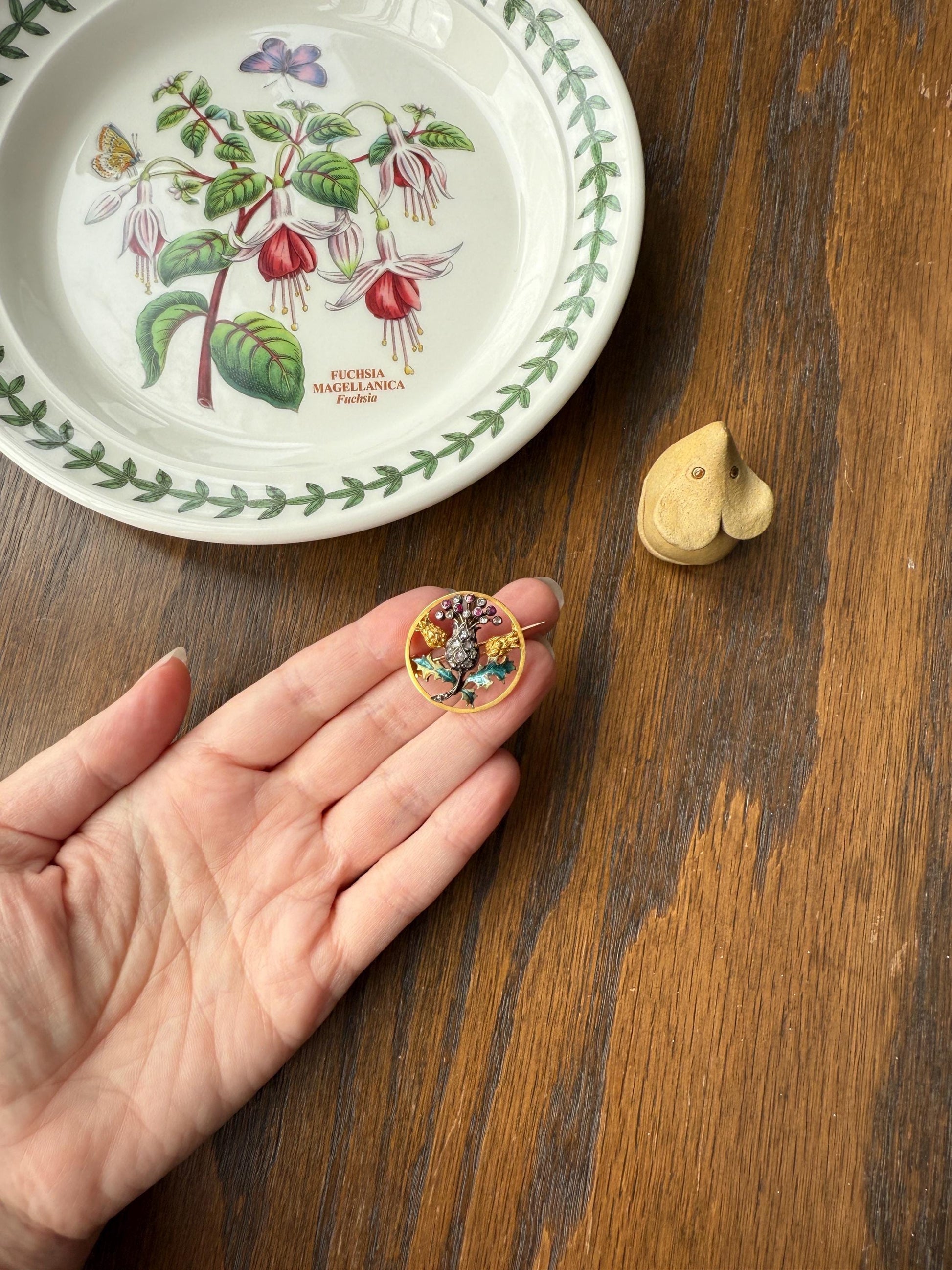 THISTLE Antique Art Nouveau 18k Gold French Belle Epoque Rose Cut Diamond Ruby Brooch Pin Pendant Connector Extender 3D Lifelike Floral