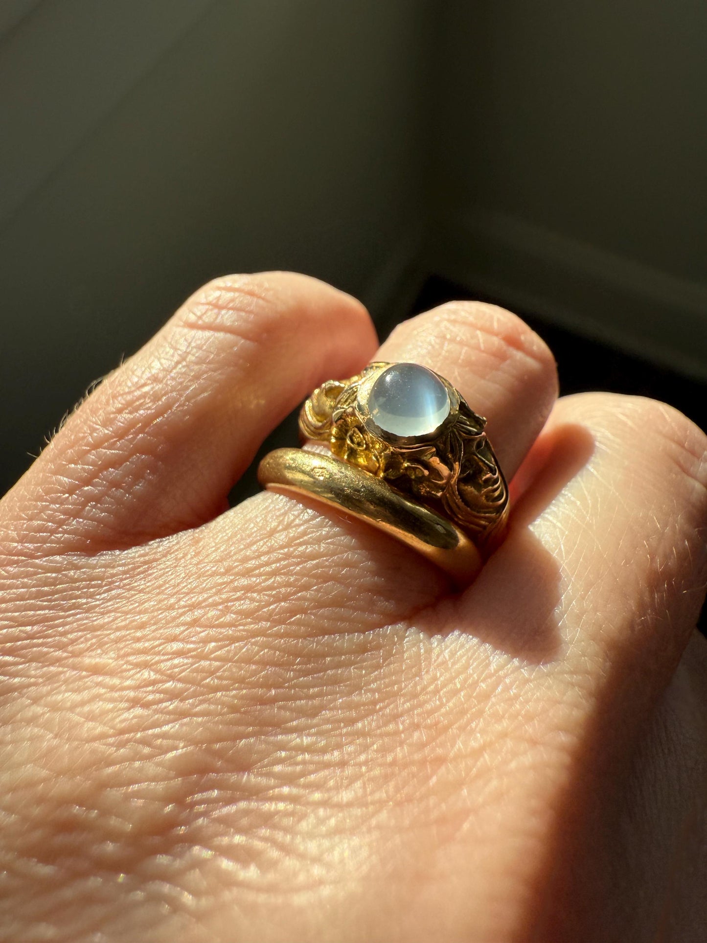 Art Nouveau Floral Woman Two Faces Antique Blue MOONSTONE c1900 Glowing Orb Figural Ring 14k Gold Buttery Band Stacker Victorian Unisex