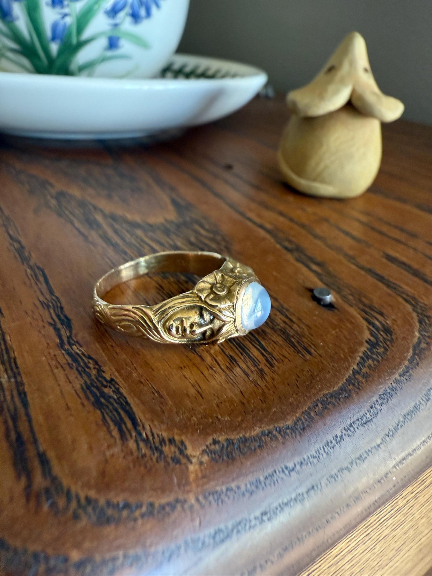 Art Nouveau Floral Woman Two Faces Antique Blue MOONSTONE c1900 Glowing Orb Figural Ring 14k Gold Buttery Band Stacker Victorian Unisex