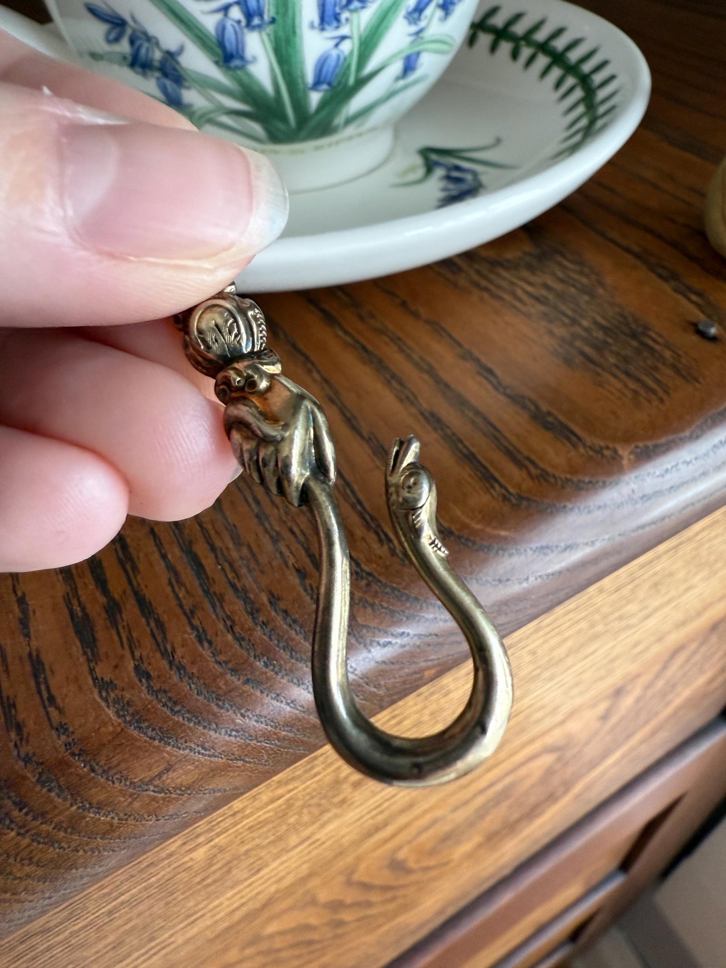 Rare ANTIQUE Hand Holding SNAKE Hook Pendant Holder Victorian Figural Parts Findings Gold Wash Gilt Metal Silver? Reversible 3D