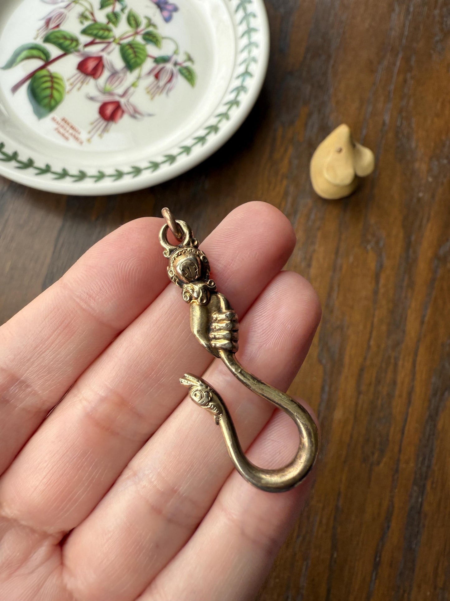 Rare ANTIQUE Hand Holding SNAKE Hook Pendant Holder Victorian Figural Parts Findings Gold Wash Gilt Metal Silver? Reversible 3D