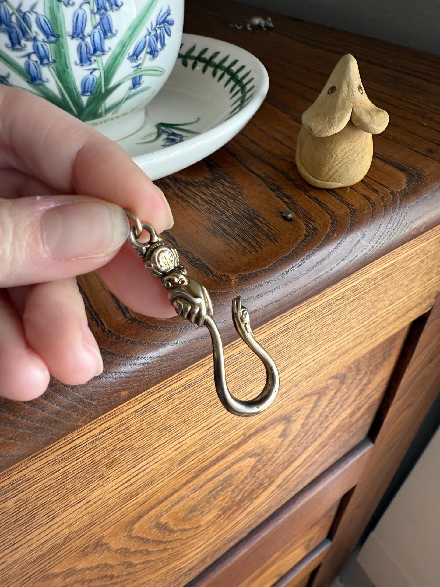 Rare ANTIQUE Hand Holding SNAKE Hook Pendant Holder Victorian Figural Parts Findings Gold Wash Gilt Metal Silver? Reversible 3D