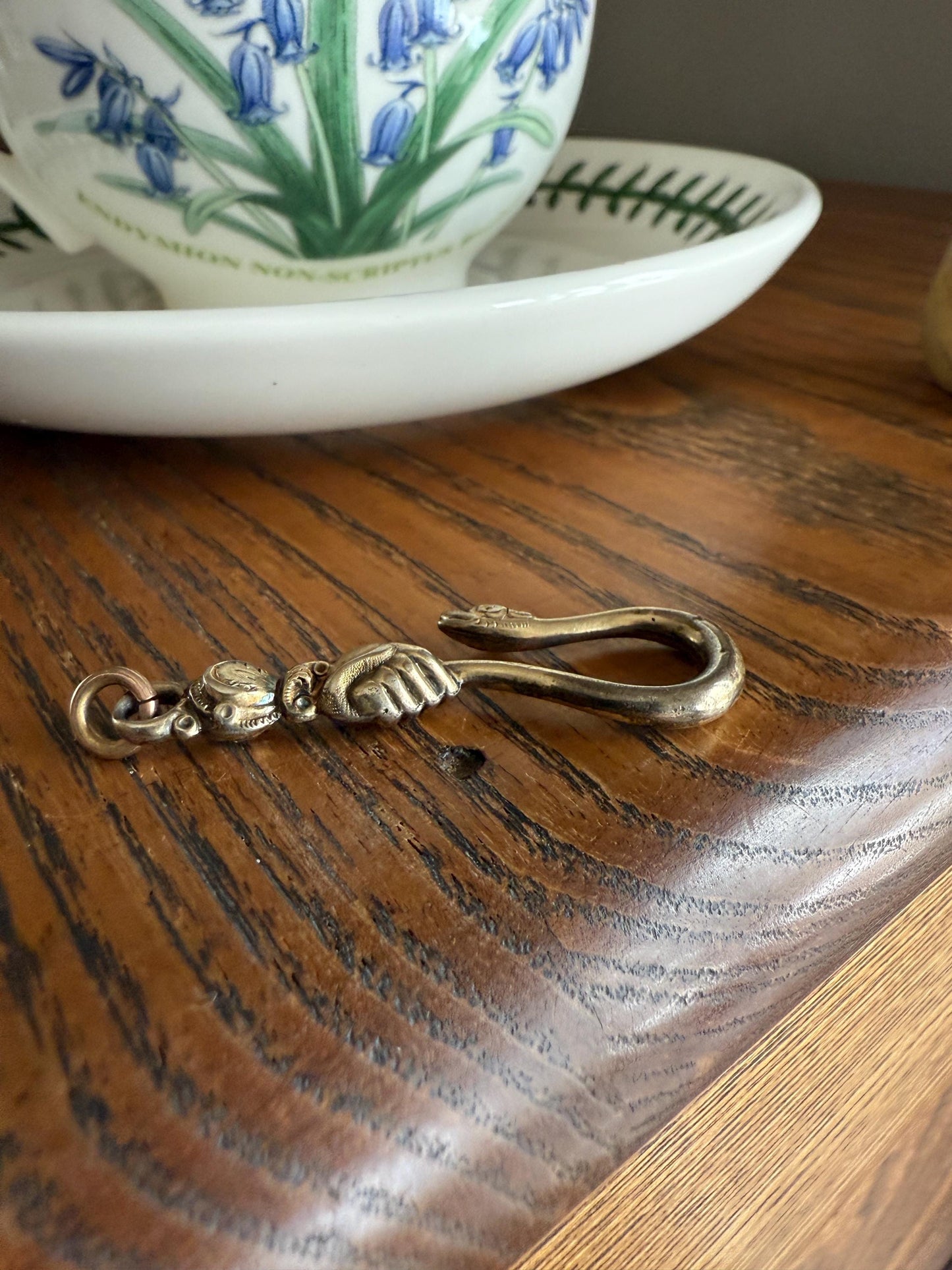 Rare ANTIQUE Hand Holding SNAKE Hook Pendant Holder Victorian Figural Parts Findings Gold Wash Gilt Metal Silver? Reversible 3D