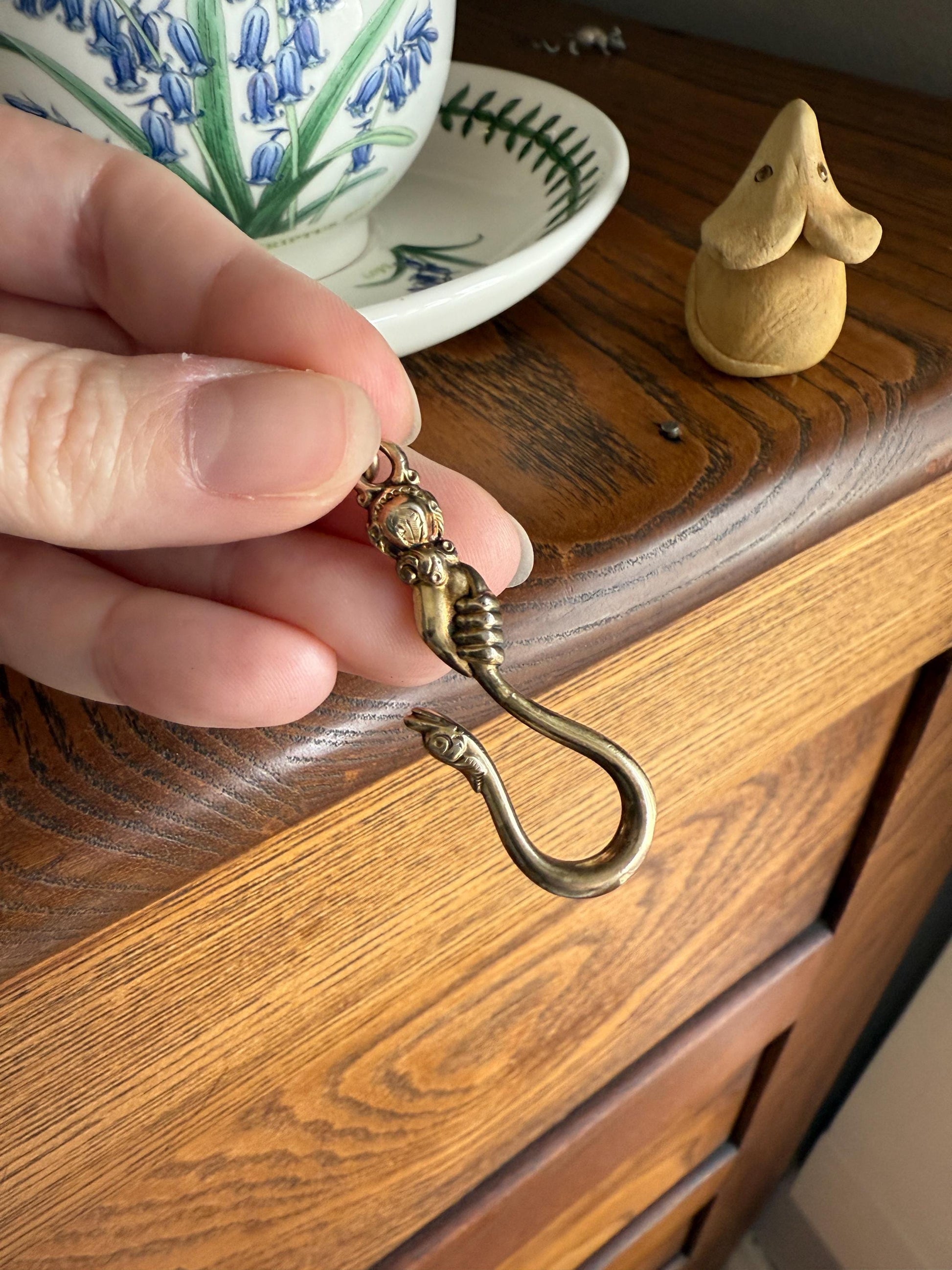 Rare ANTIQUE Hand Holding SNAKE Hook Pendant Holder Victorian Figural Parts Findings Gold Wash Gilt Metal Silver? Reversible 3D